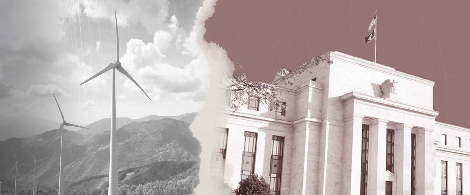 Image of windmills set next to image of Federal Reserve building