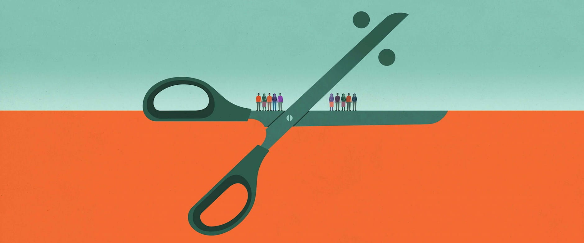People standing on a blade of a scissors whose other blade is a percentage symbol