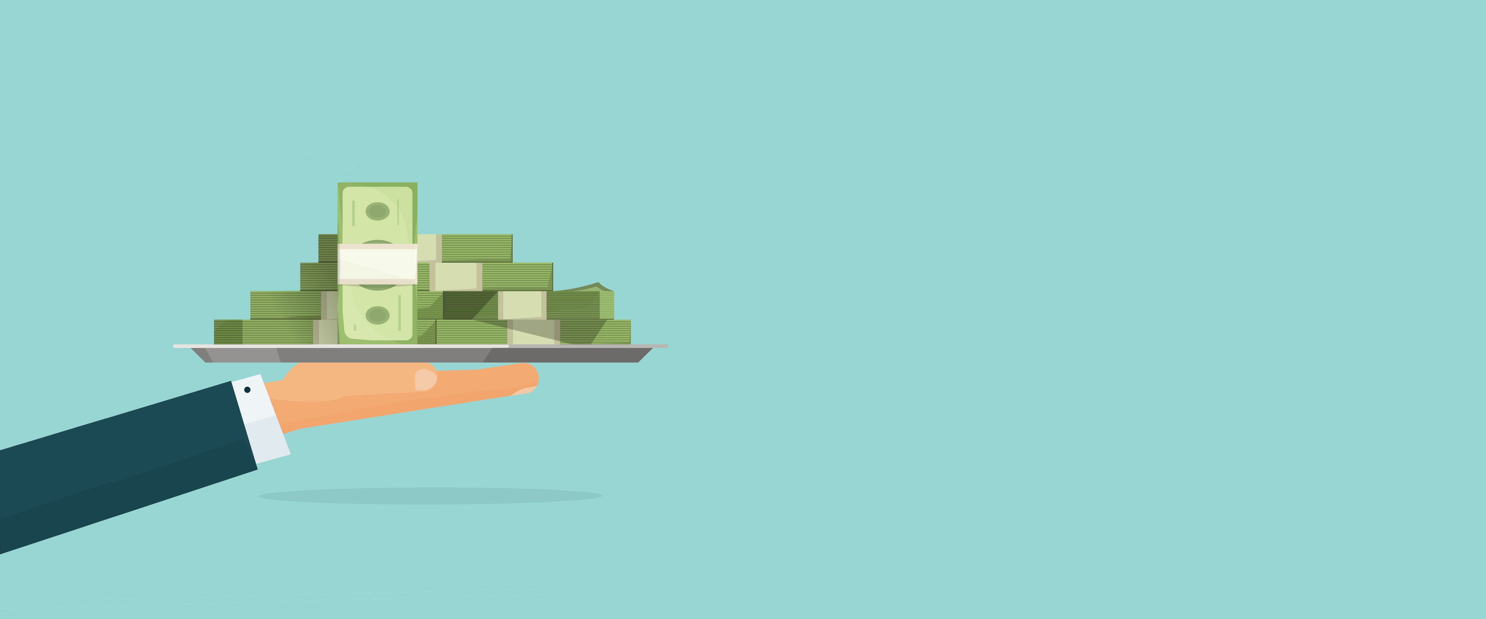 Hand holding a silver platter full of money