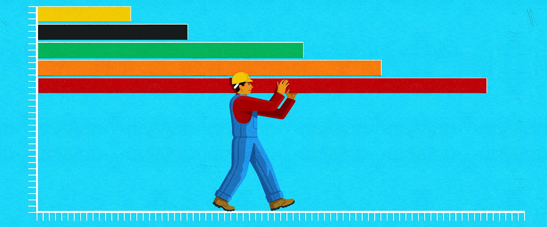 Construction worker carrying beams that look like a bar chart
