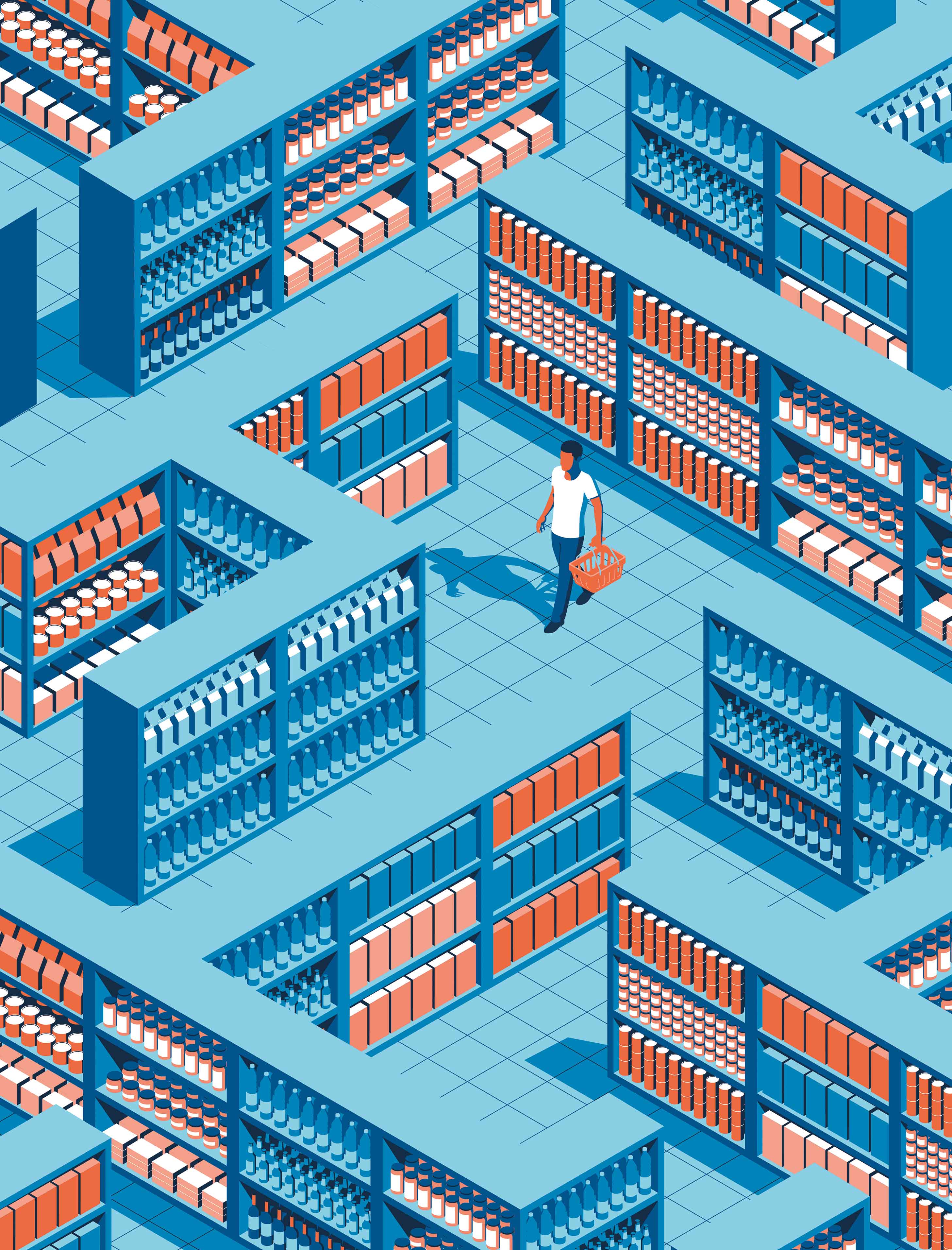 Shopper navigating a maze of store shelves