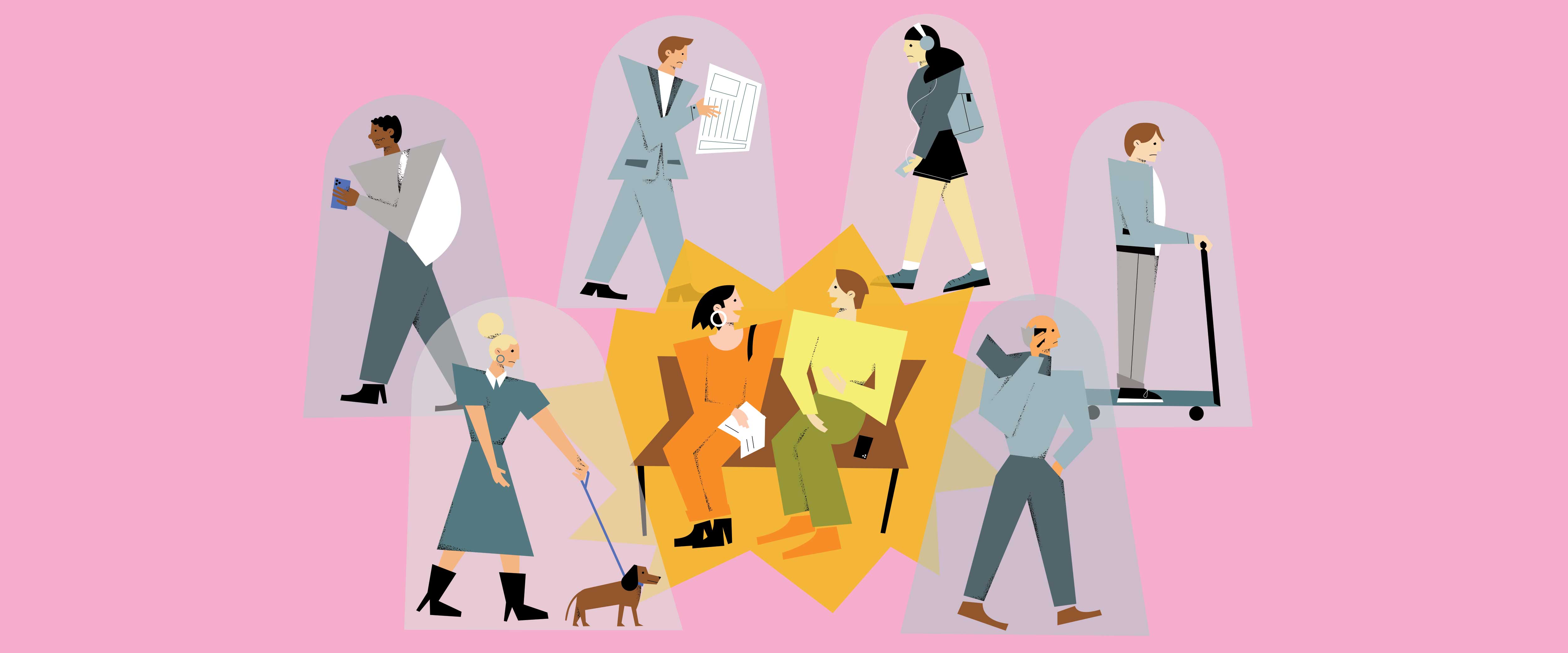 Two people talking, surrounded by solitary people in bubbles