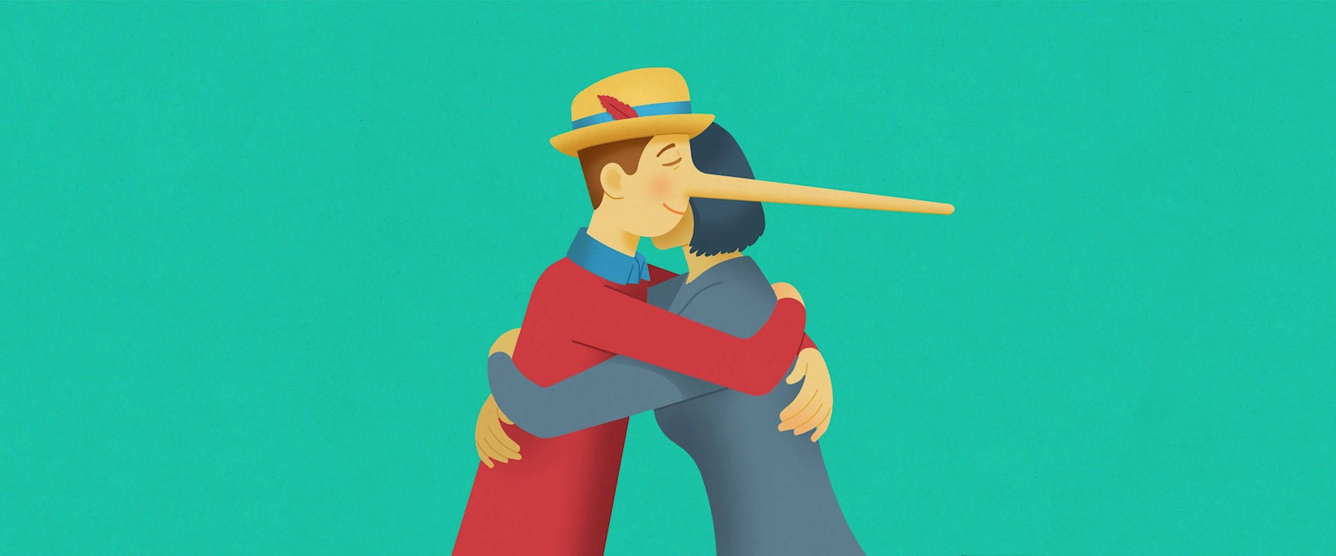Illustration of two people hugging, one with a long nose