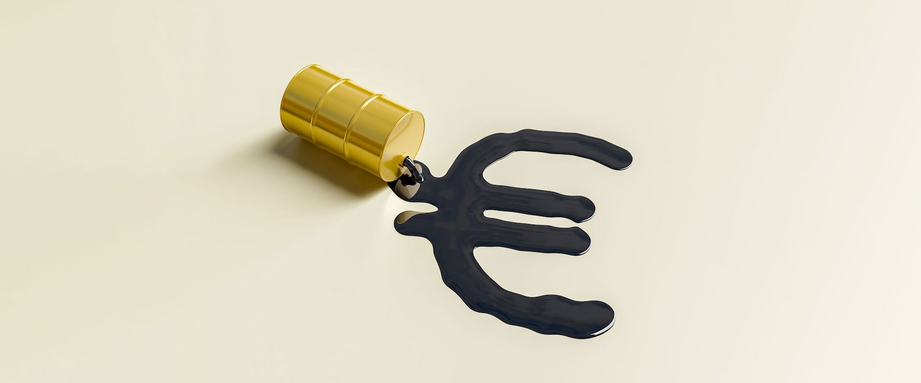 Oil spilling from a barrel and pooling into the shape of the euro currency symbol