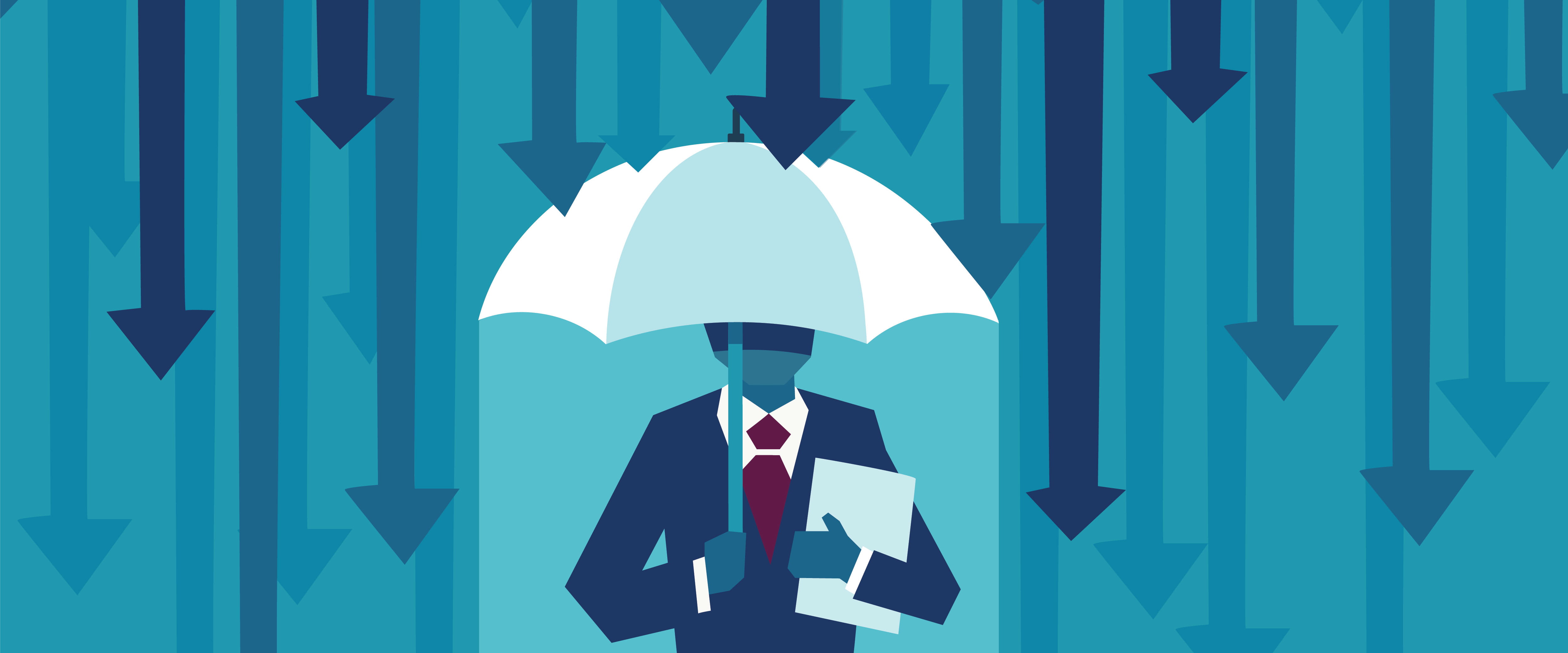 Man protected from downward-pointing arrows by umbrella