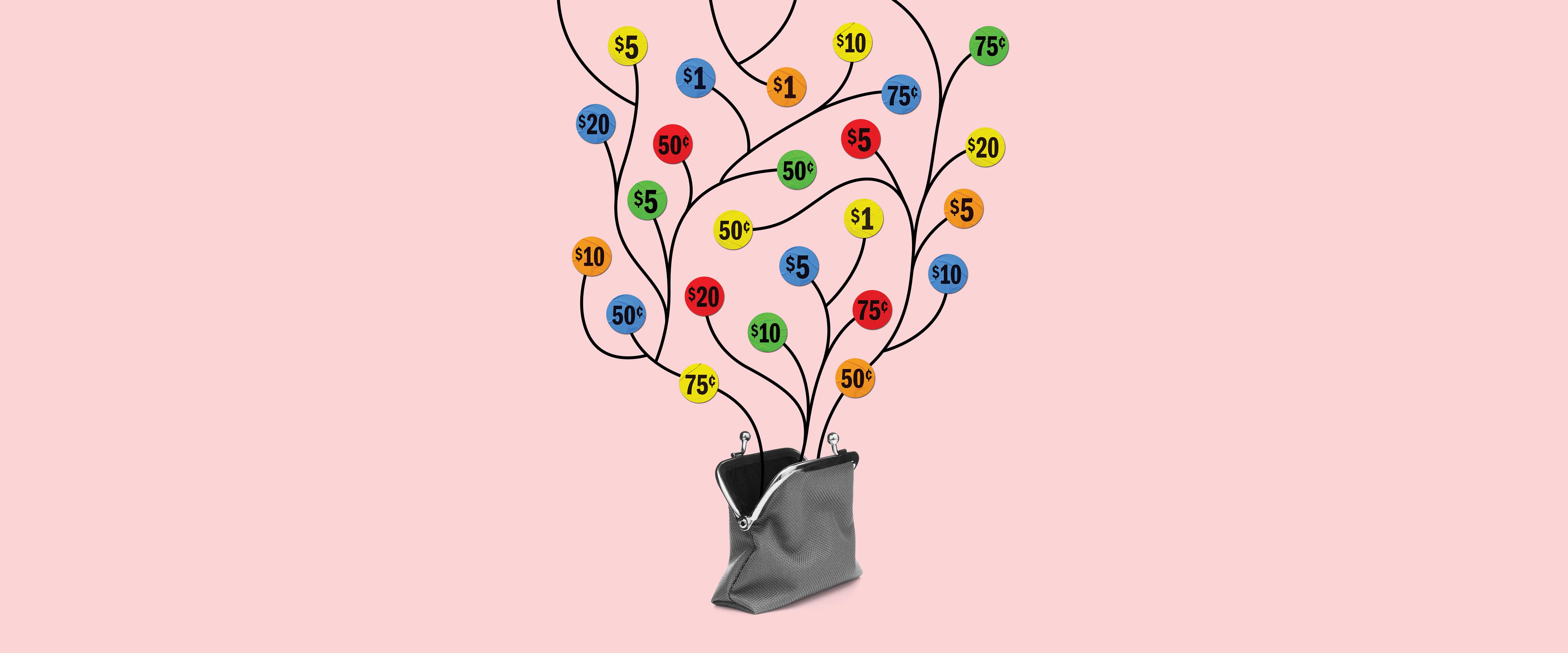 Tree-like structure of price tags growing out of a purse