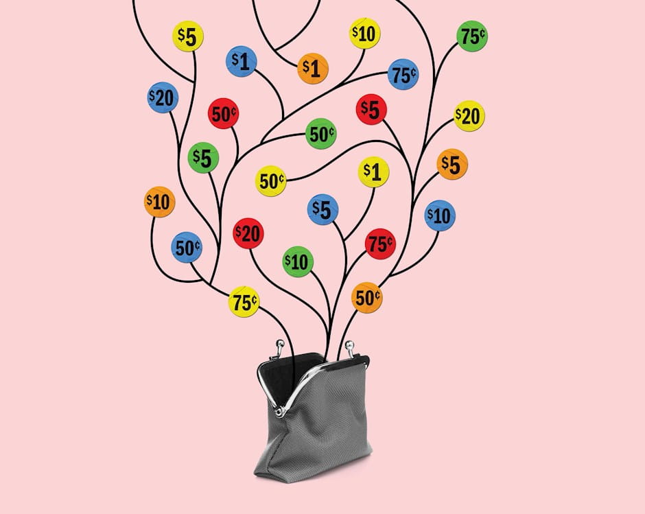 Tree-like structure of price tags growing out of a purse