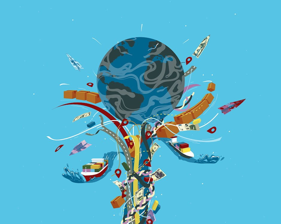 Emblems of the global economy as part of a fountain