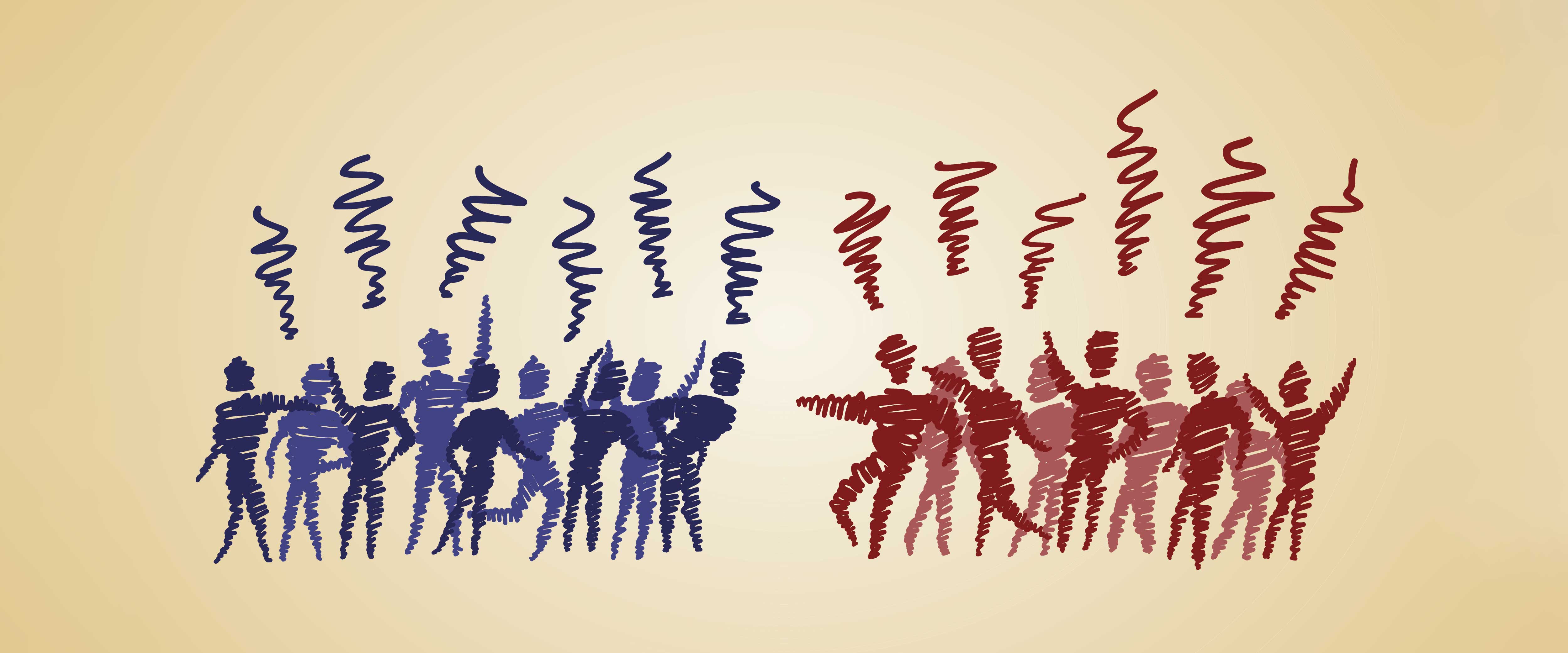 Two groups of people, red and blue, arguing