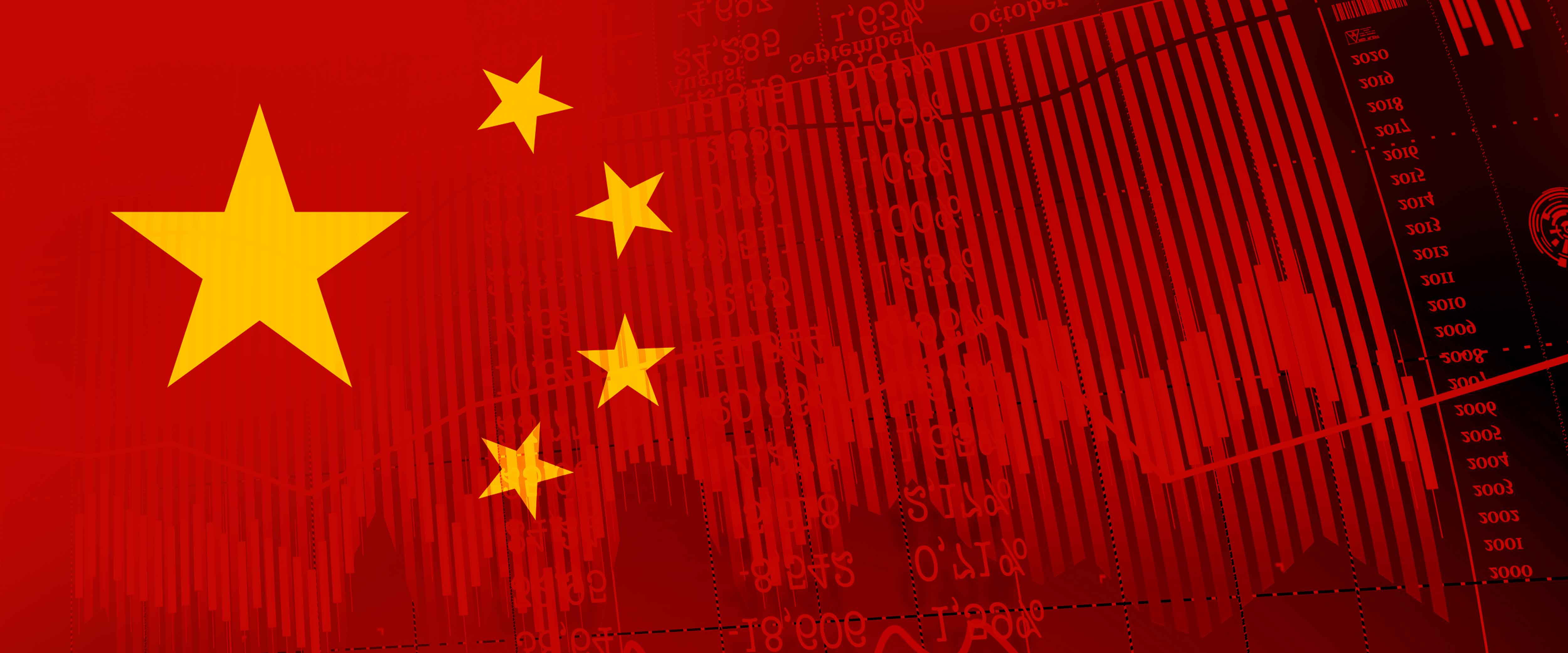 Chinese flag overlayed on financial charts
