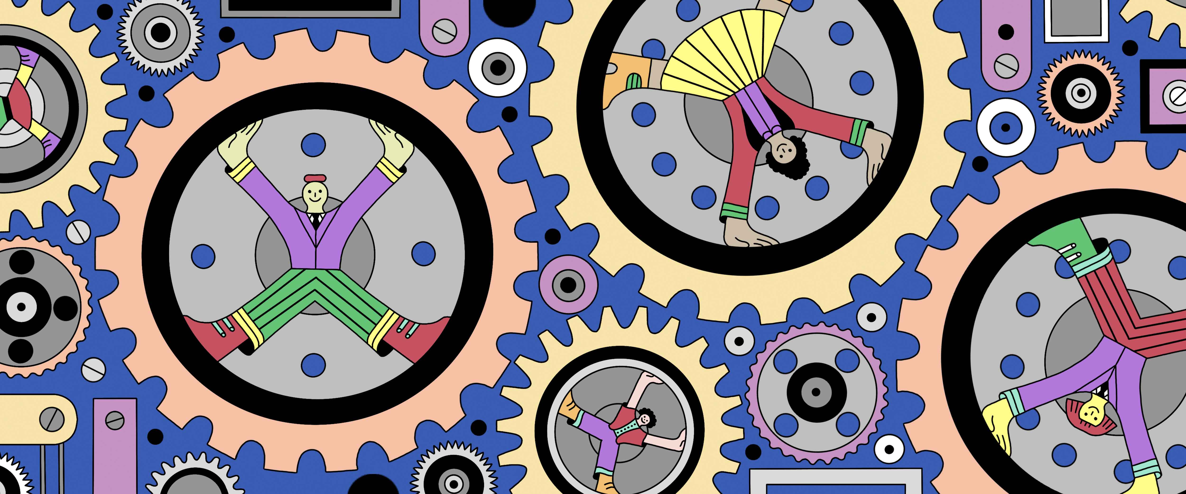 Complex machine with humans inside cogs