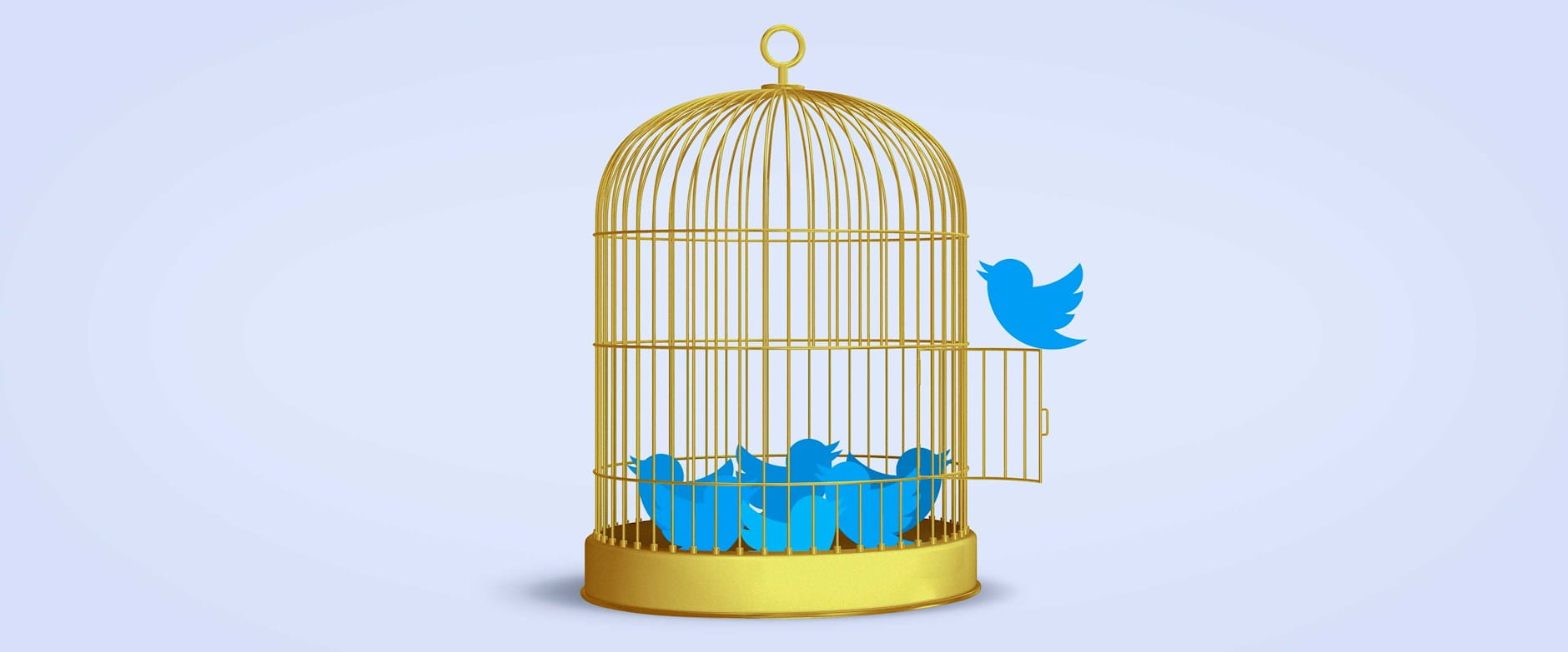 A group of Twitter logo birds in a birdcage, with one bird outside the cage