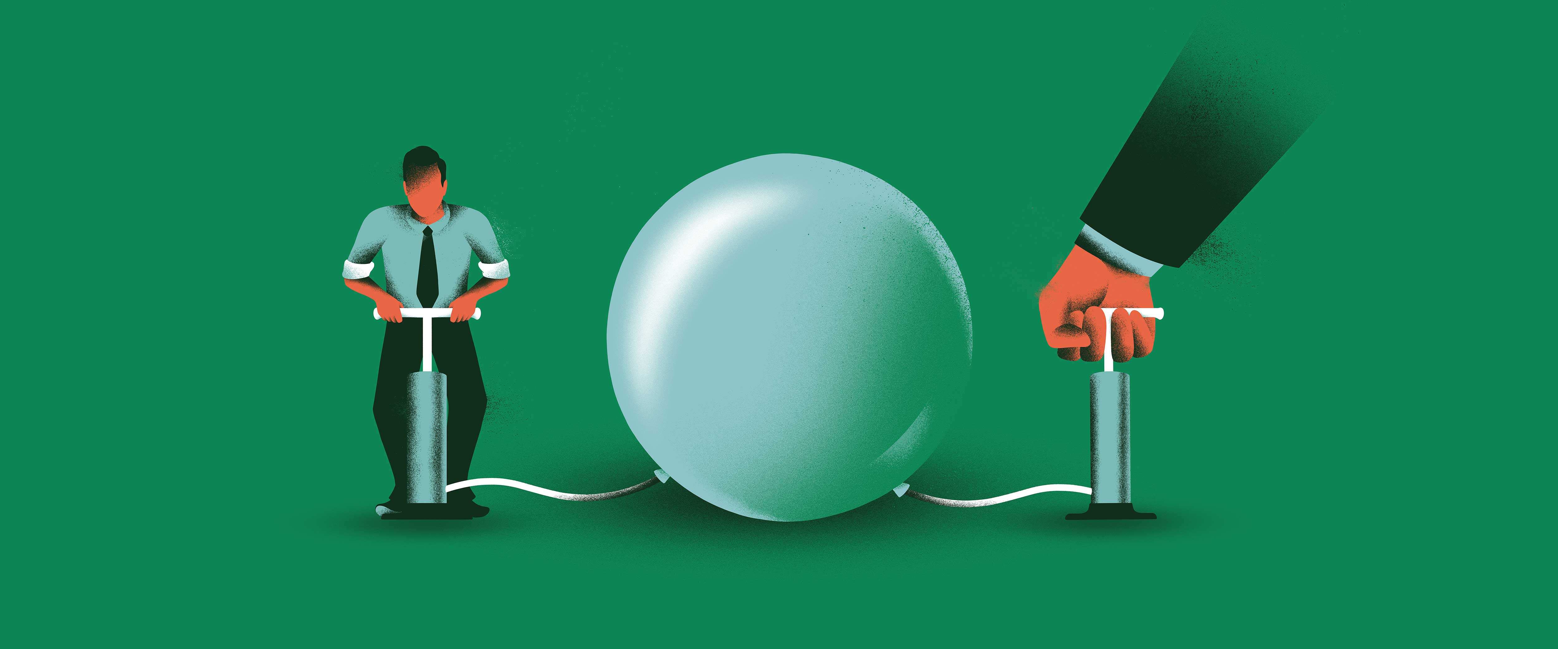 Balloon being inflated by a small man and a giant arm