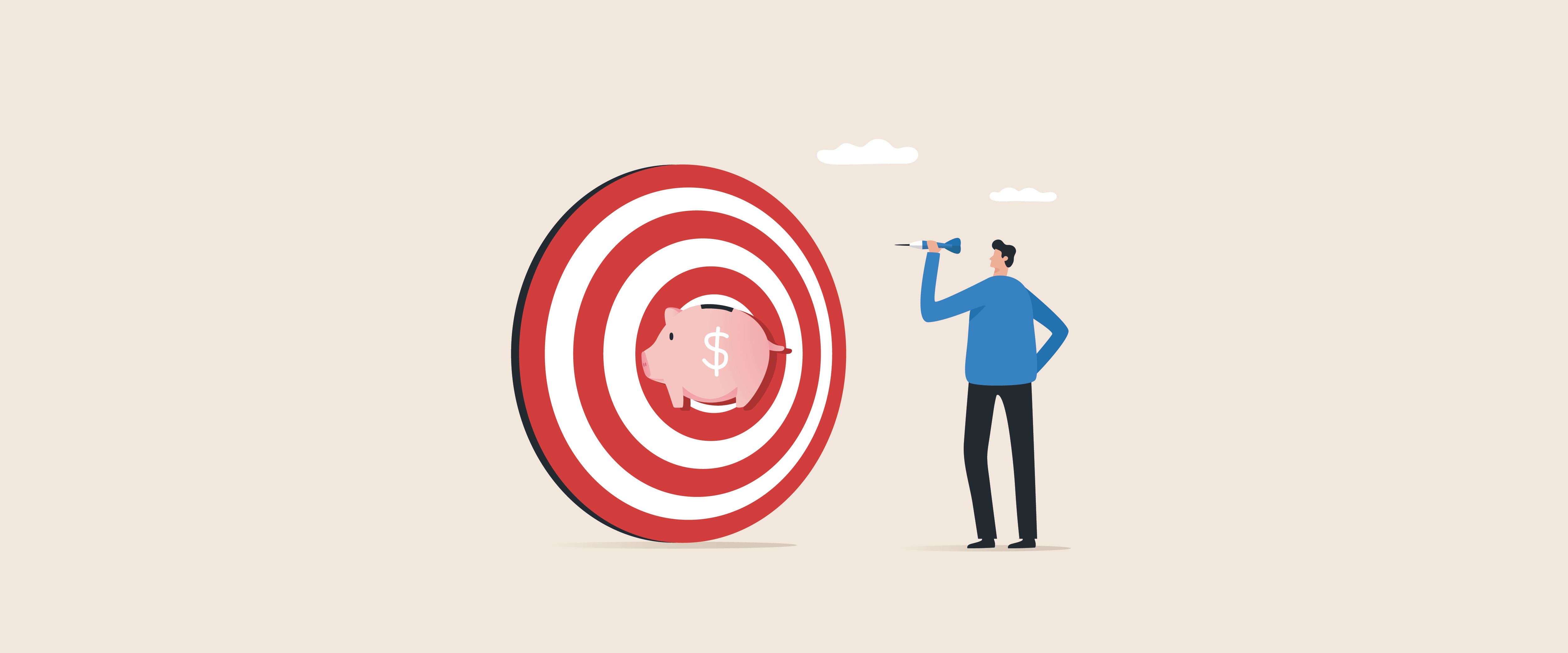 Man throwing a dart at a target with a piggy bank at the bull's-eye
