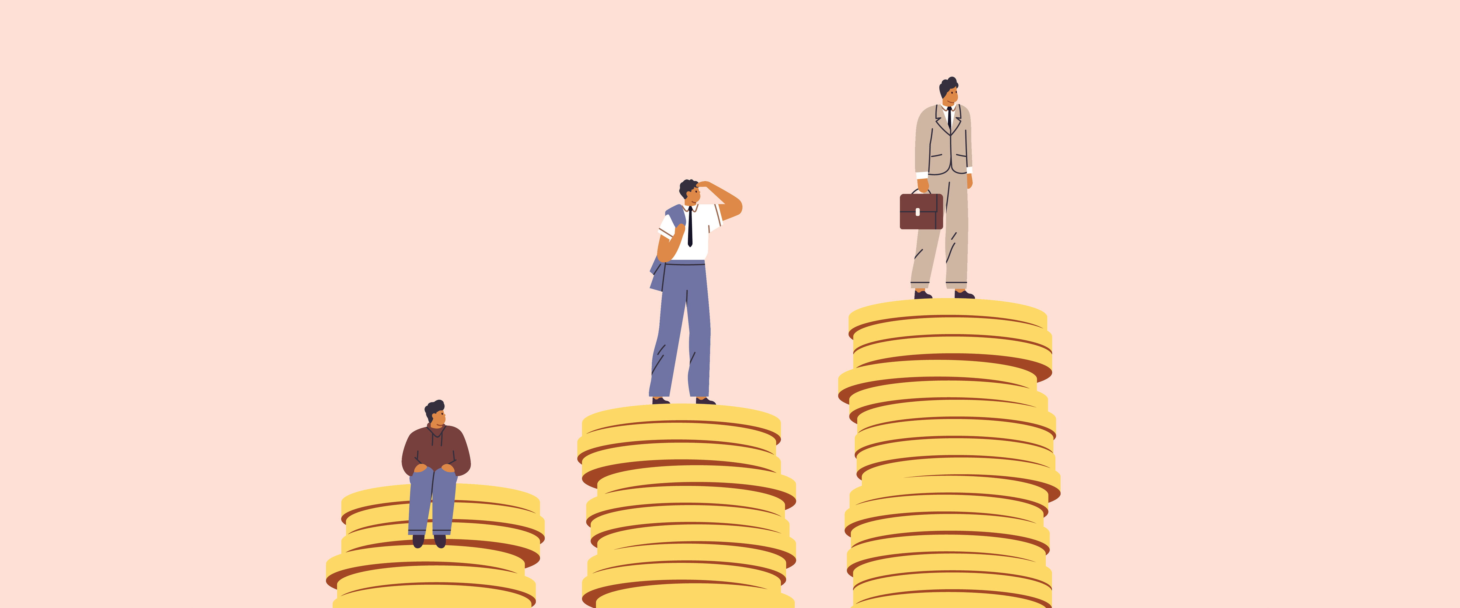 Men atop increasingly large stacks of coins