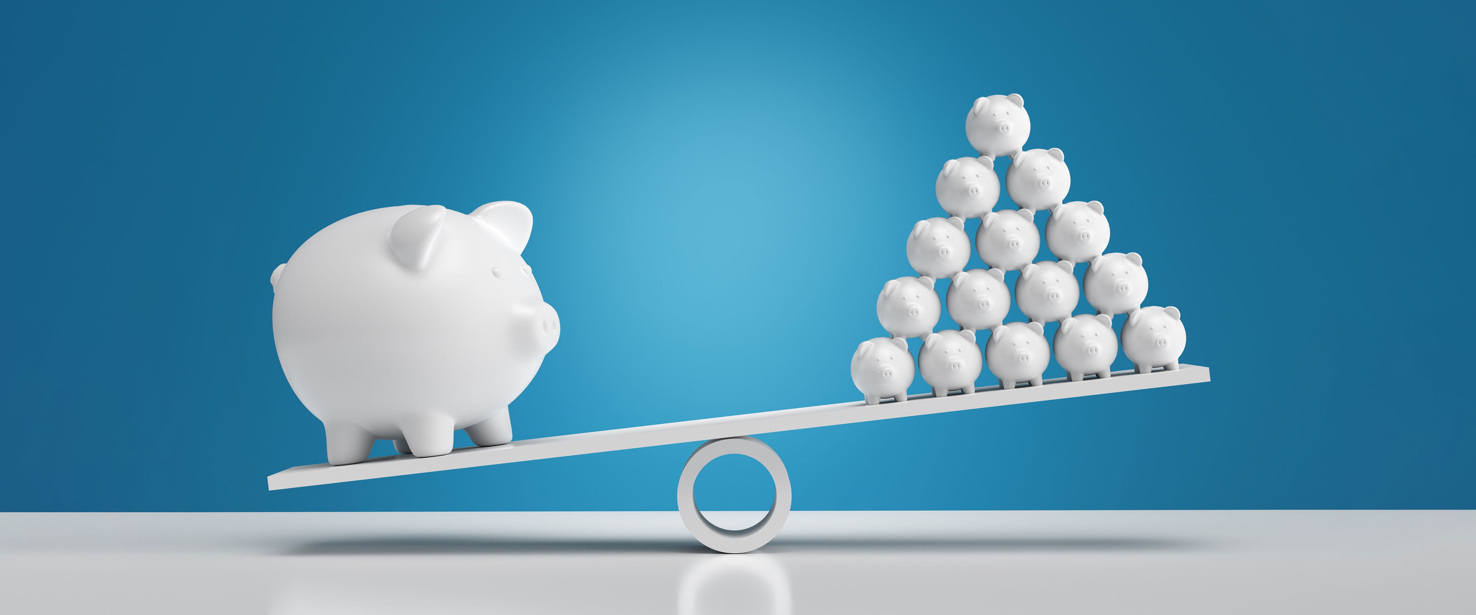 One large piggy bank outweighing a stack of smaller piggy banks