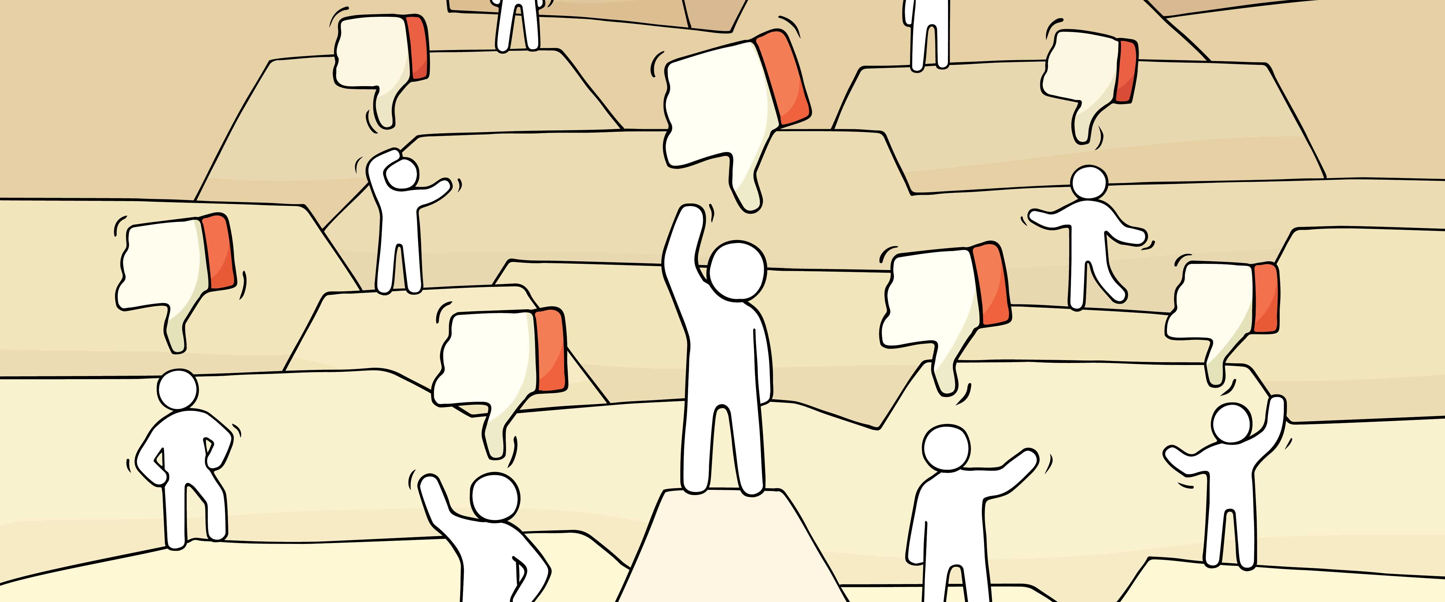 Crowd of people with 'dislike' thumbs over their heads