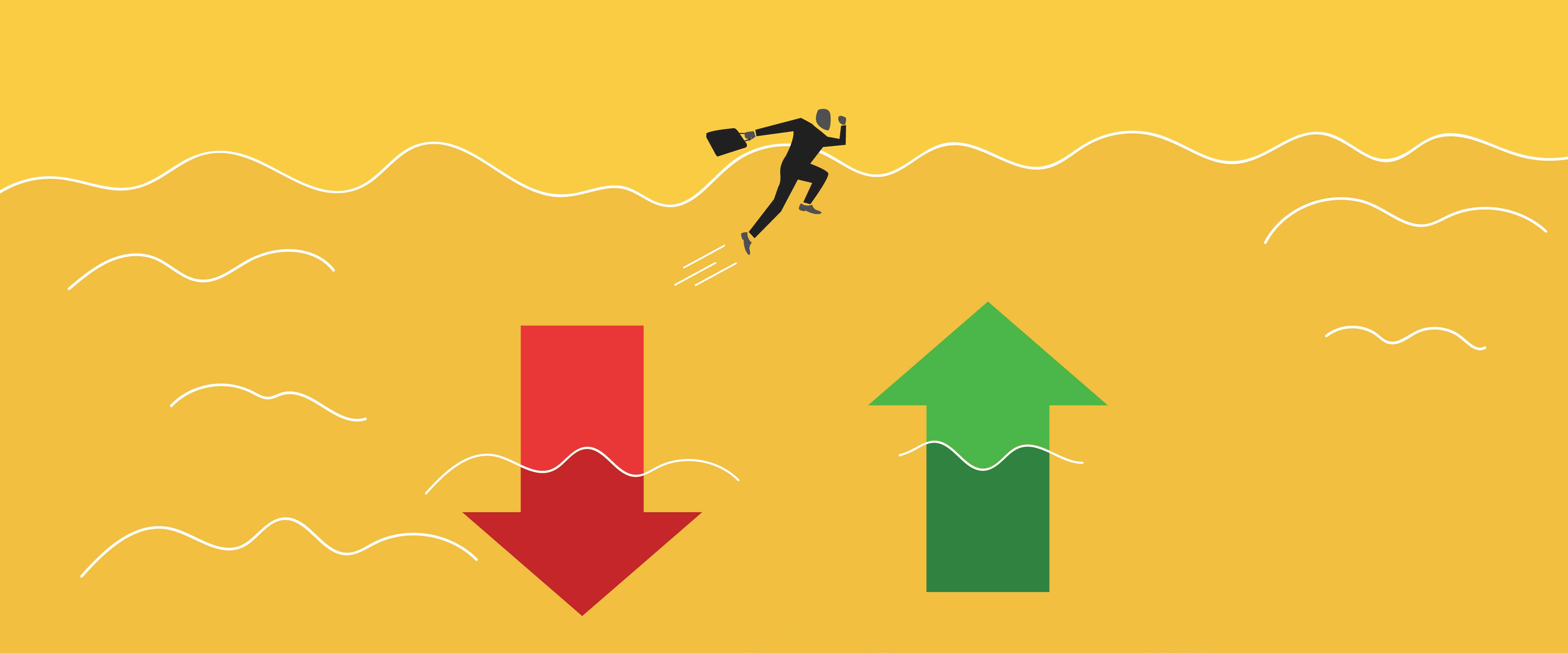 Man jumping from down arrow to up arrow