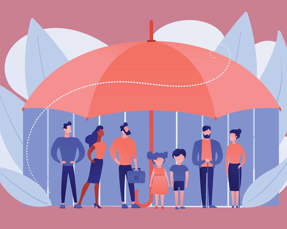 Group of people under a large umbrella