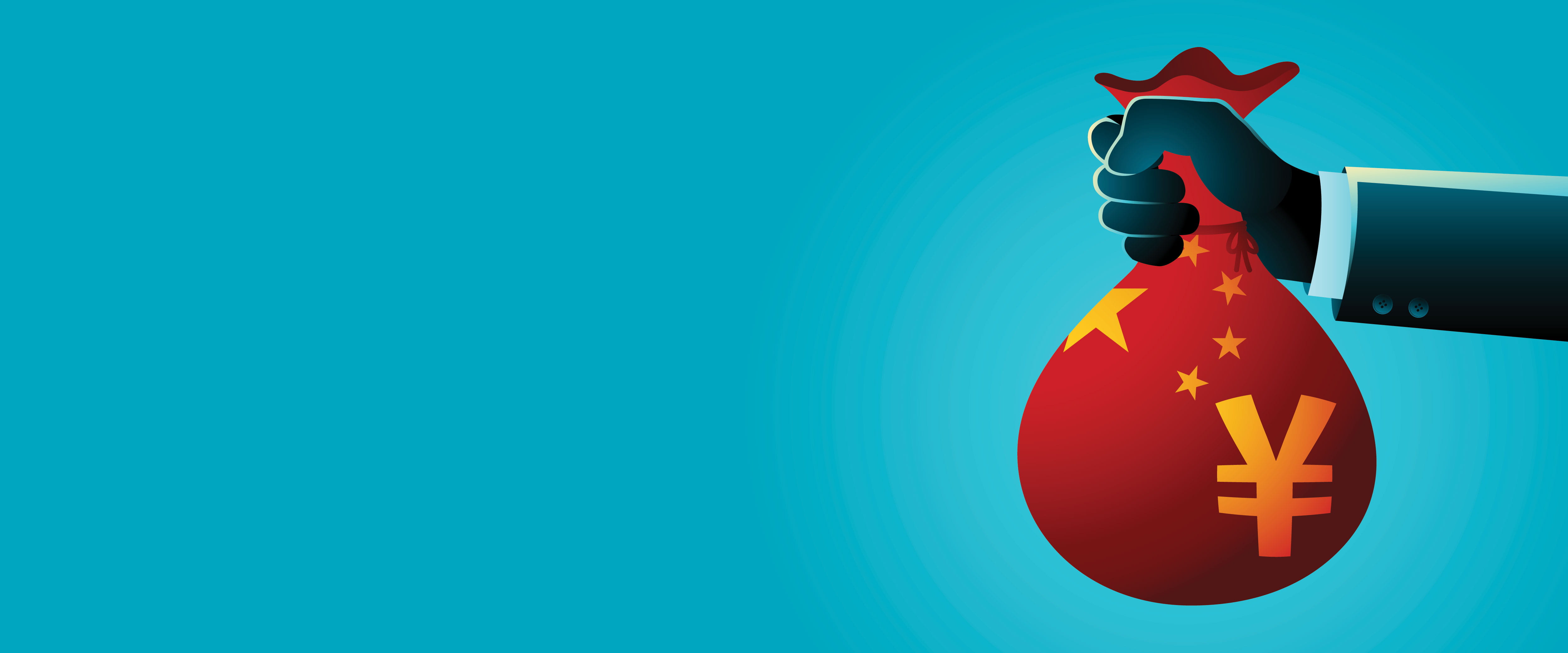 Hand holding a bag of Chinese Yuan