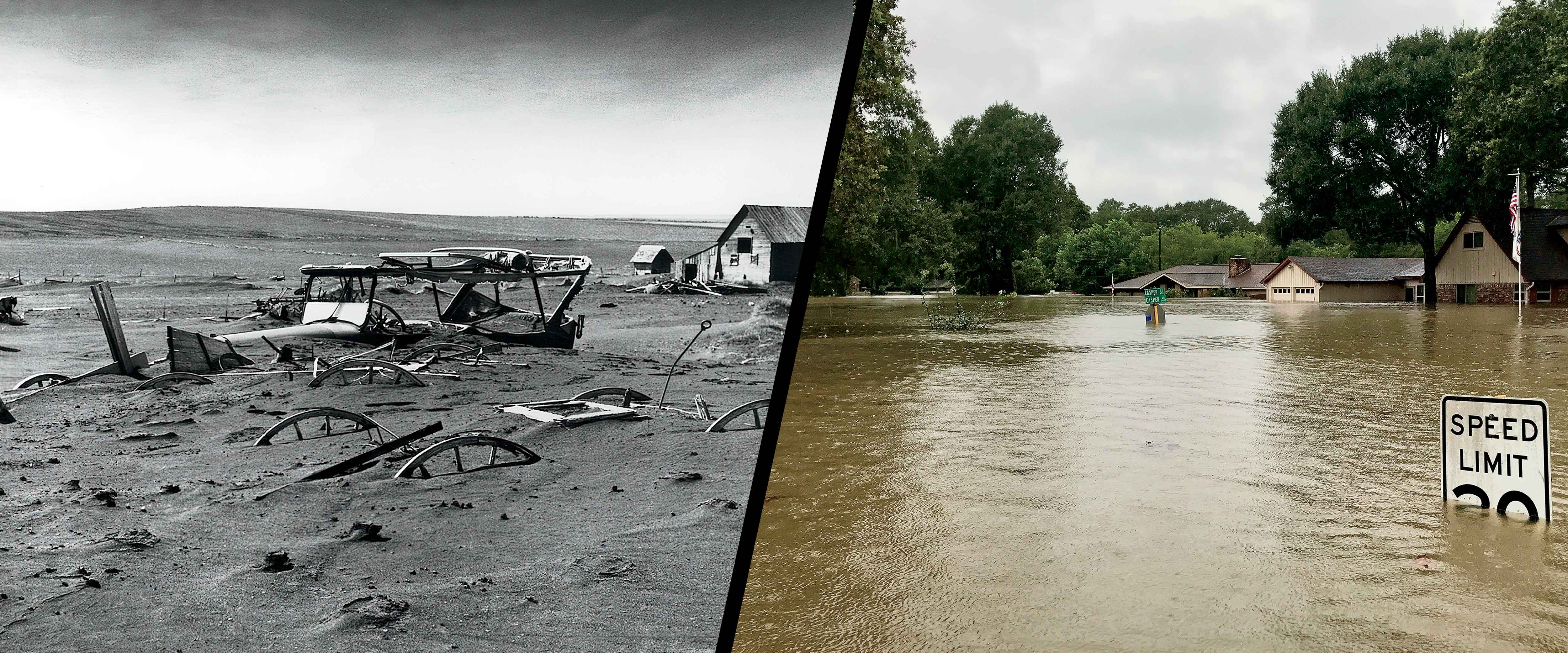 Contrast of vintage farm flooded with dust and contemporary neighborhood flooded with water