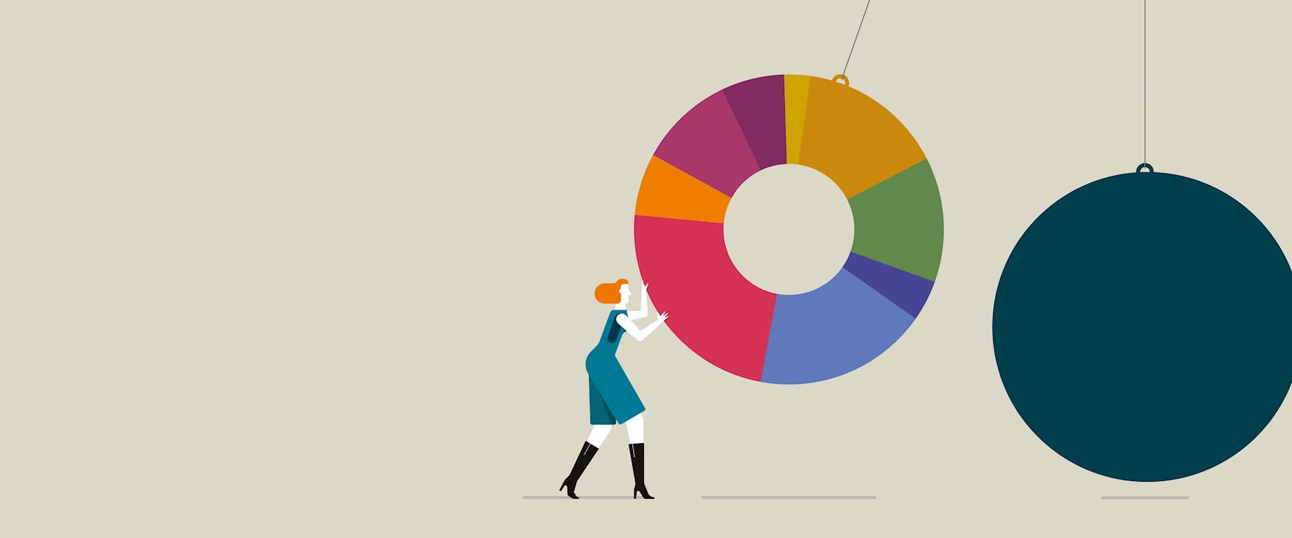 Woman swinging a donut chart into a hanging ball