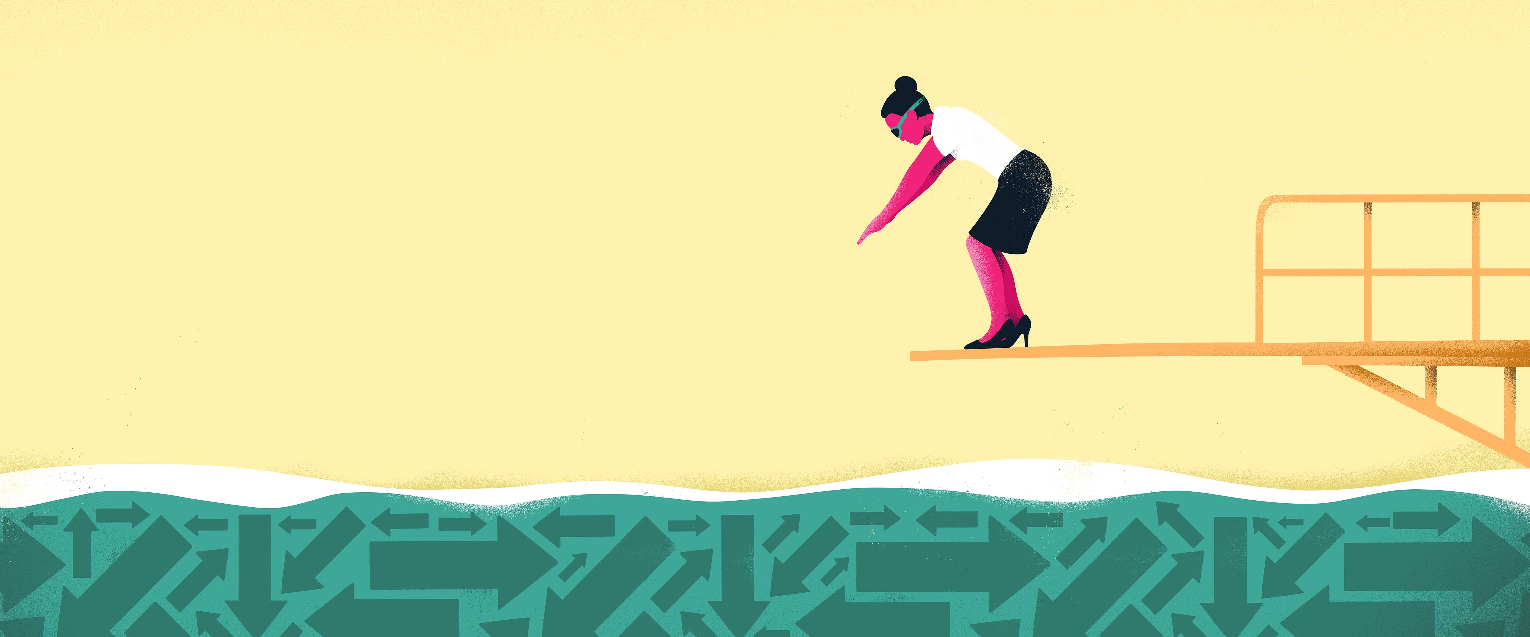 Woman diving into pool of directional arrows