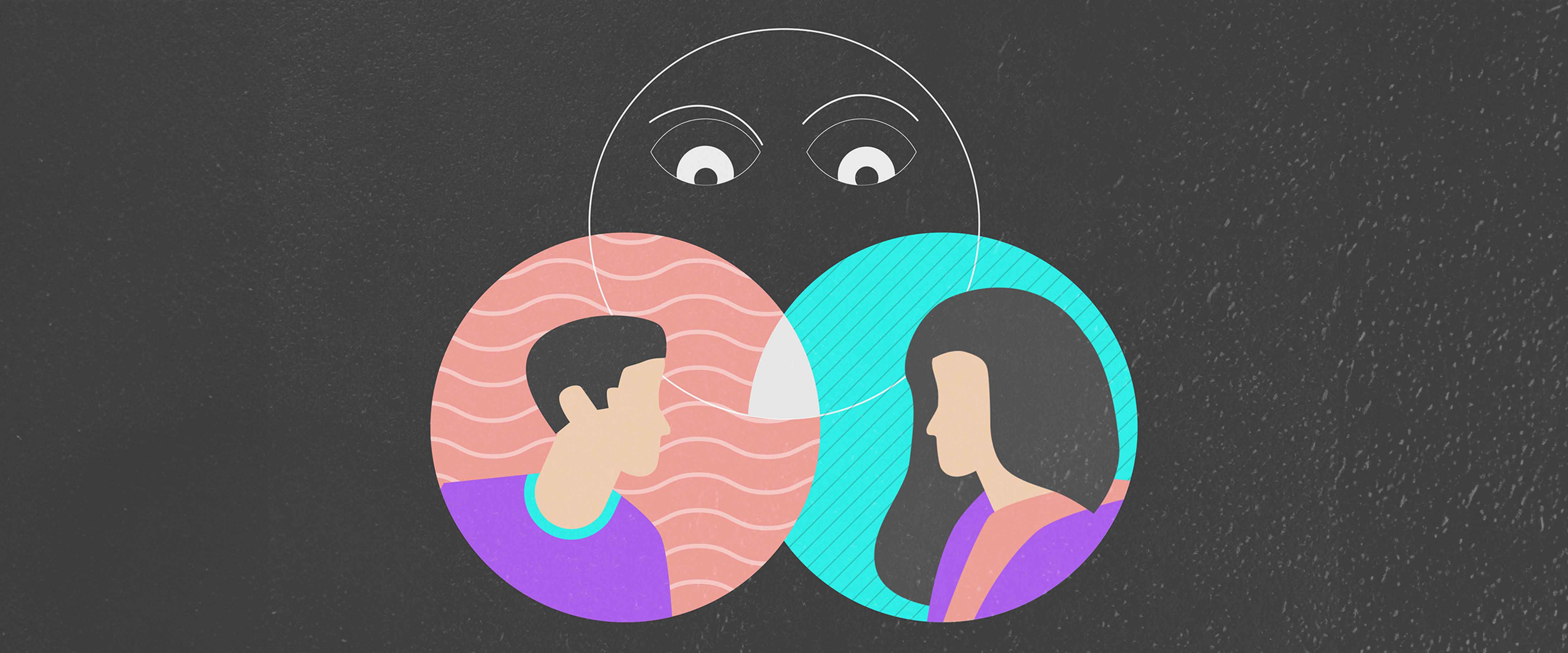 Man and woman, with a third face hovering over them