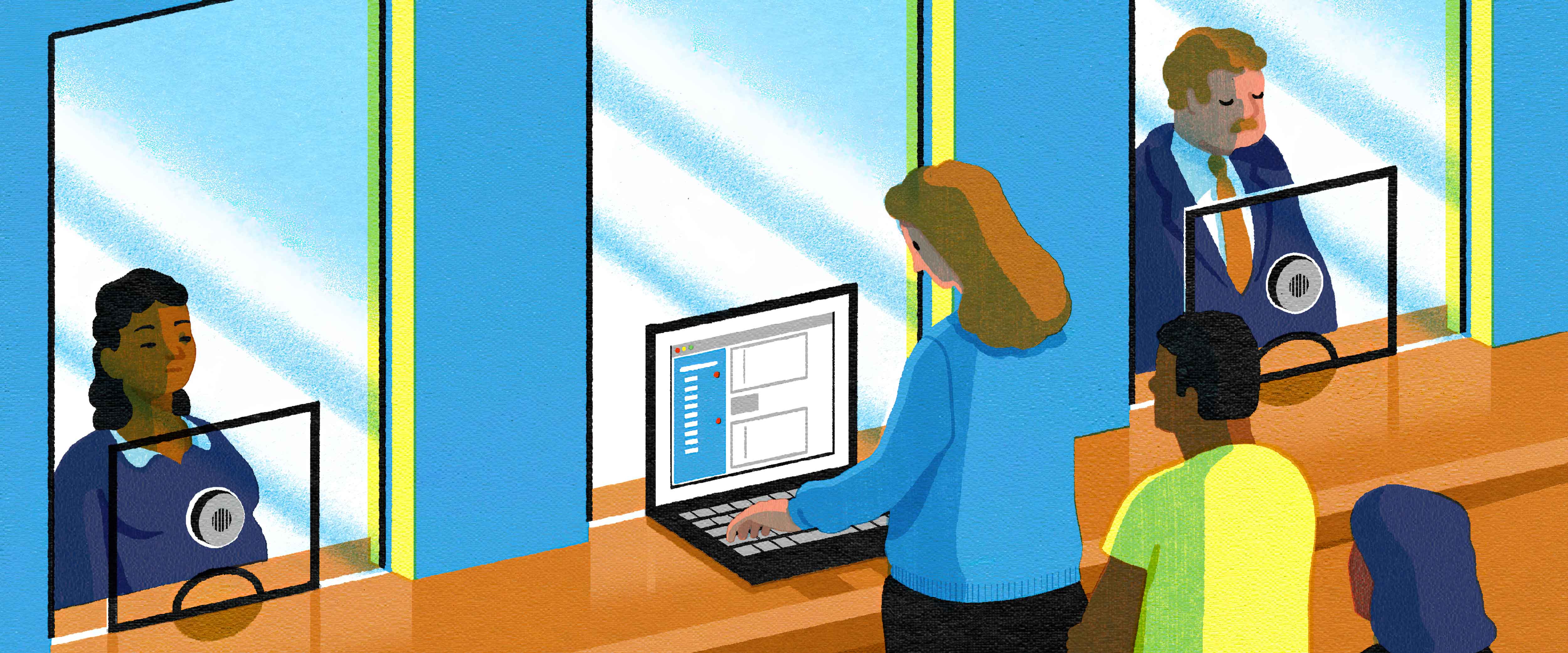 People at bank lining up to use laptop