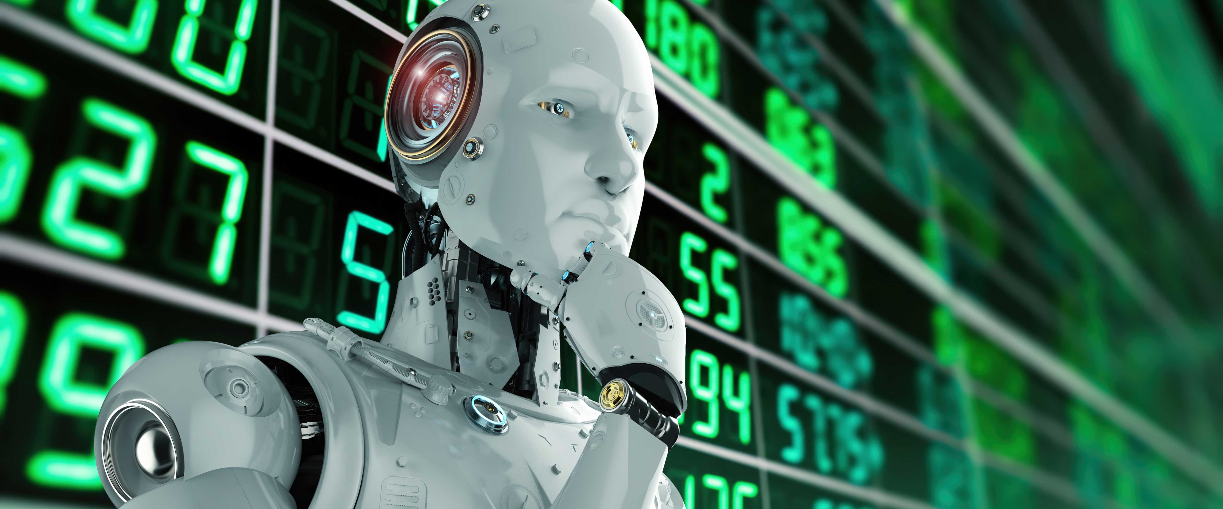 Robot in front of stock ticker