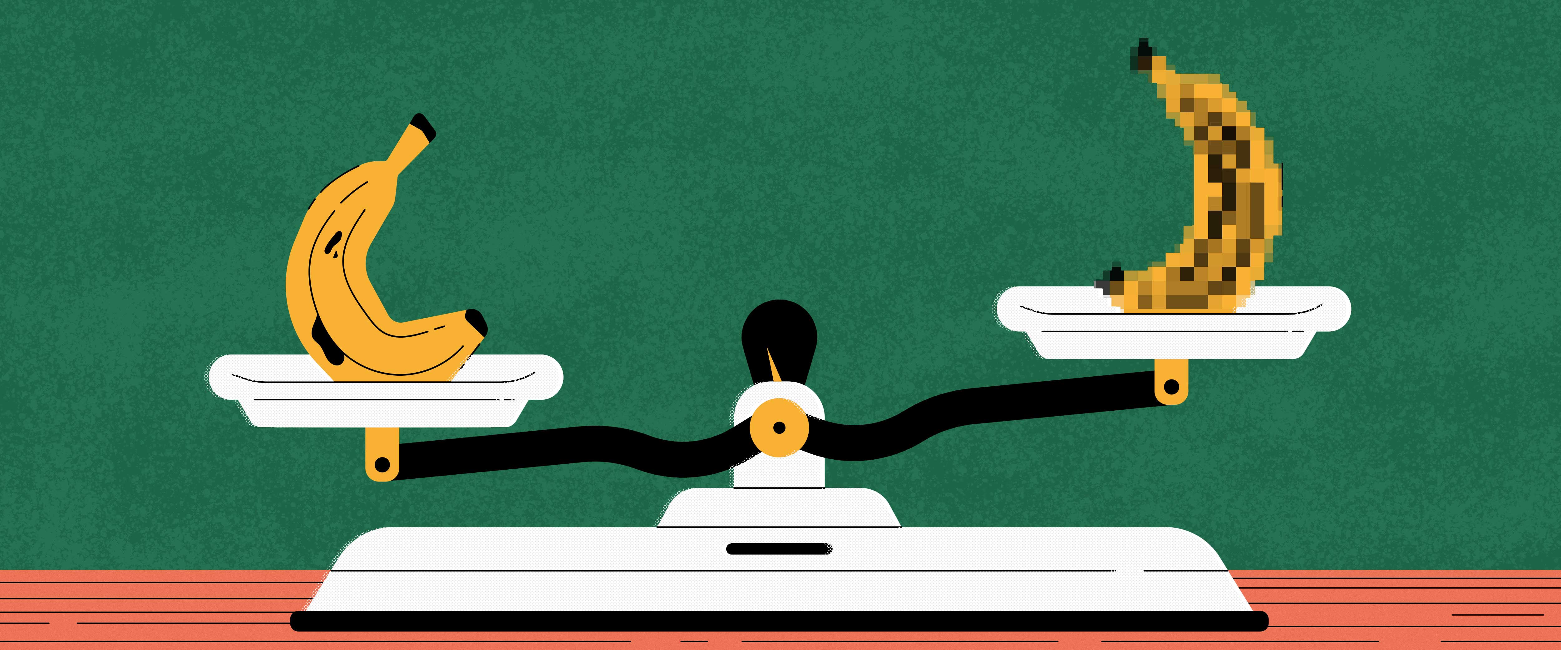A scale with a banana on one side and a pixelated digital banana on the other