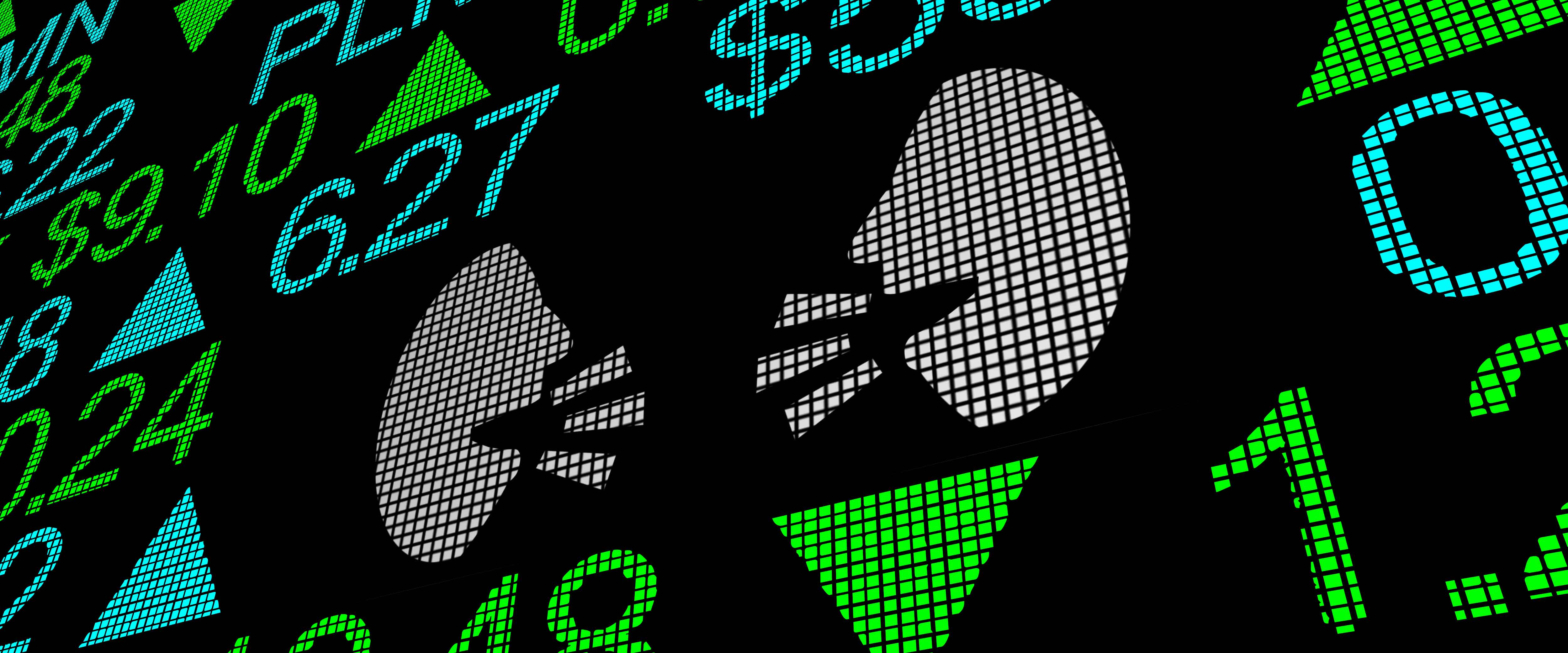 Two faces conversing on stock price screen