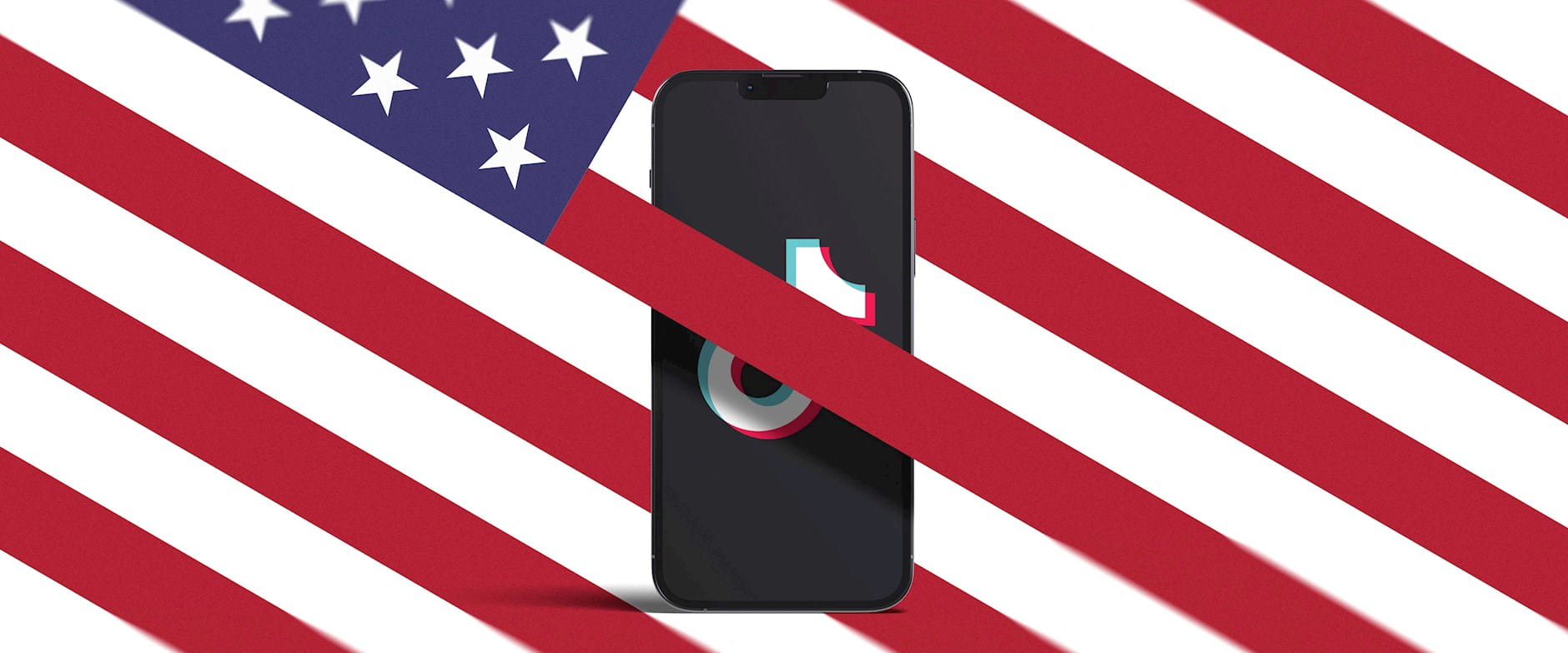 TikTok logo on a phone behind one stripe of the American flag