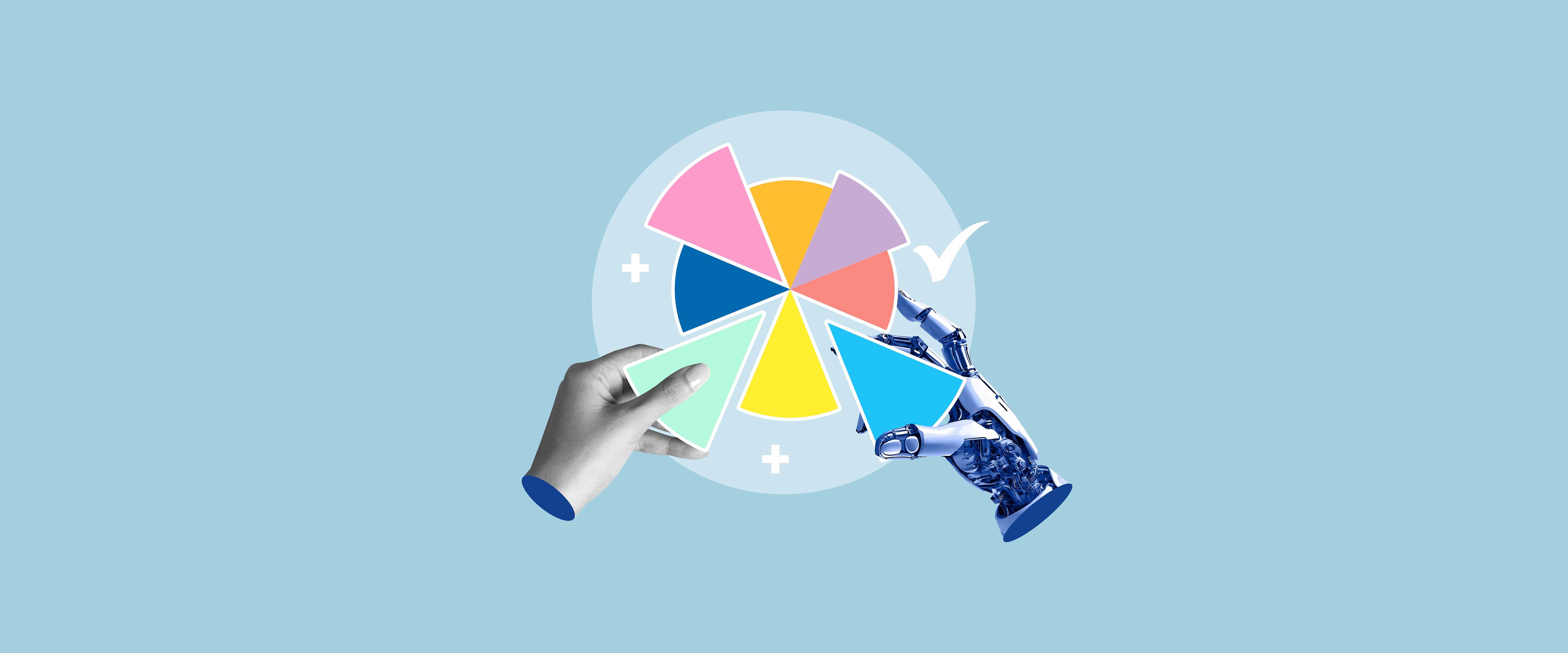 Human and robot hands taking pieces of pie chart