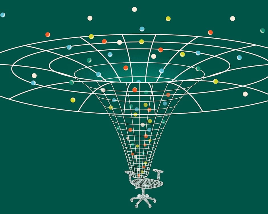 Multicolored points being funneled into a desk chair