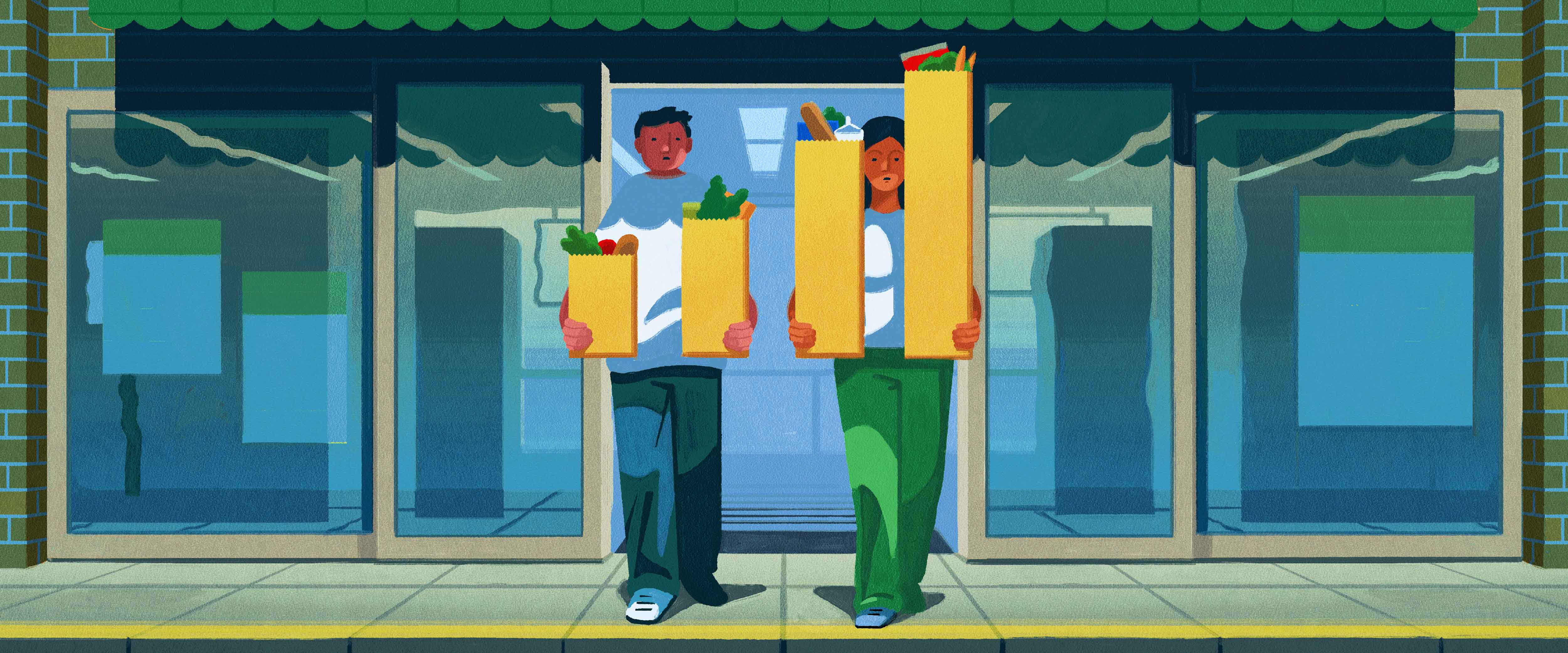 People carrying grocery bags of increasing height