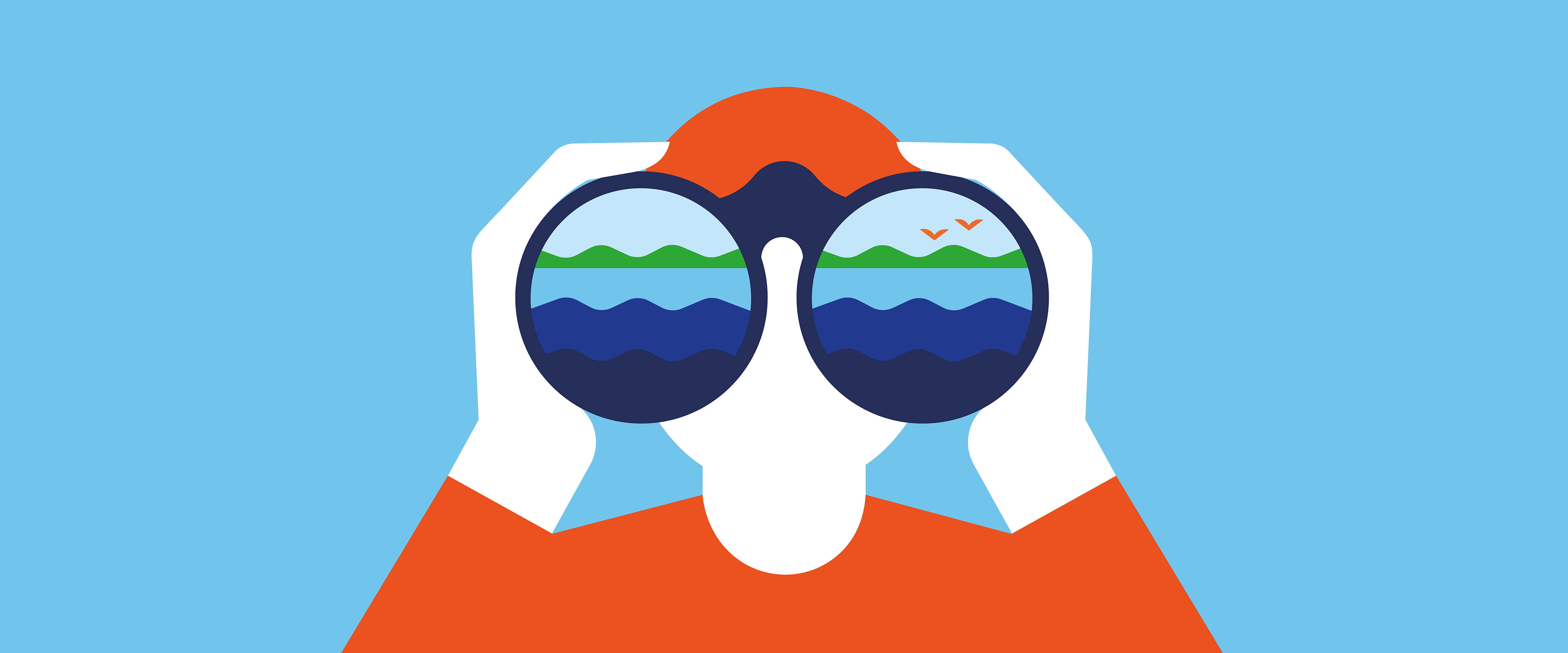 Person looking through binoculars at water