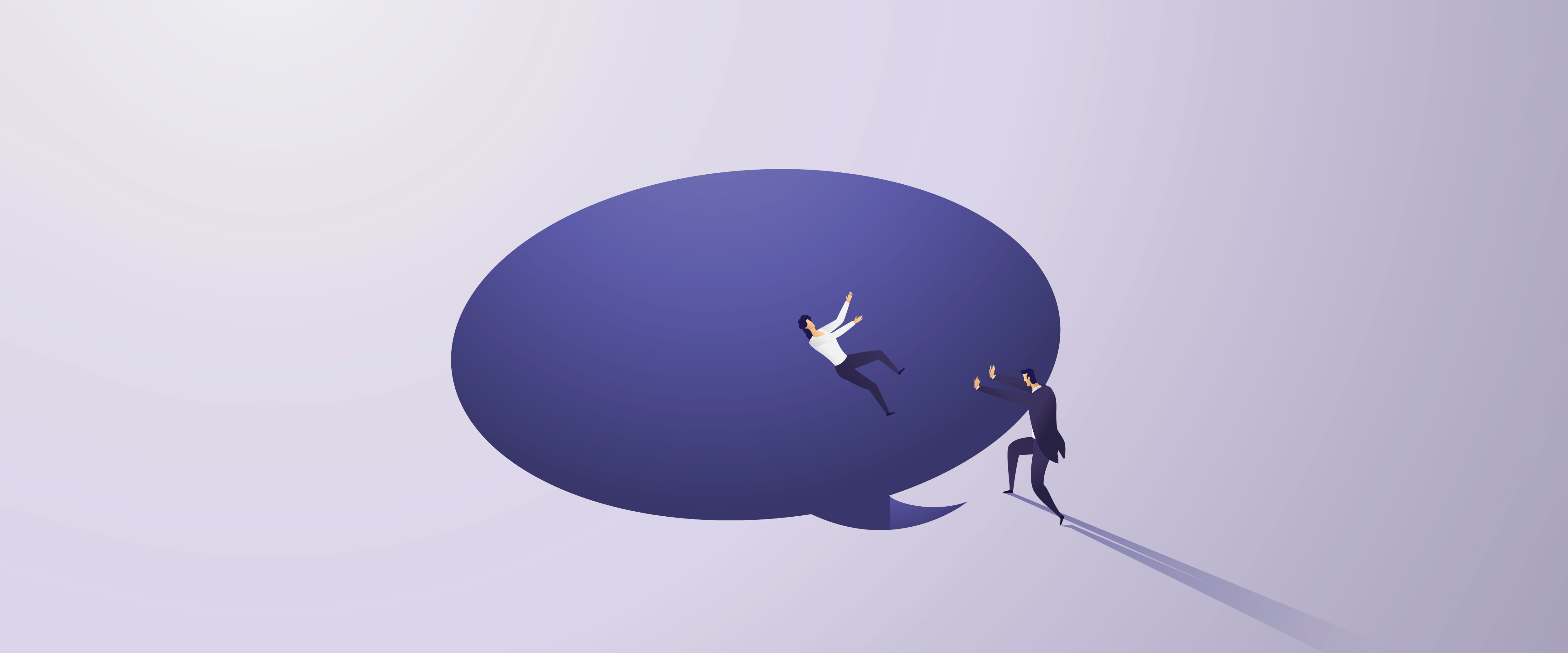 Man pushing woman into speech bubble