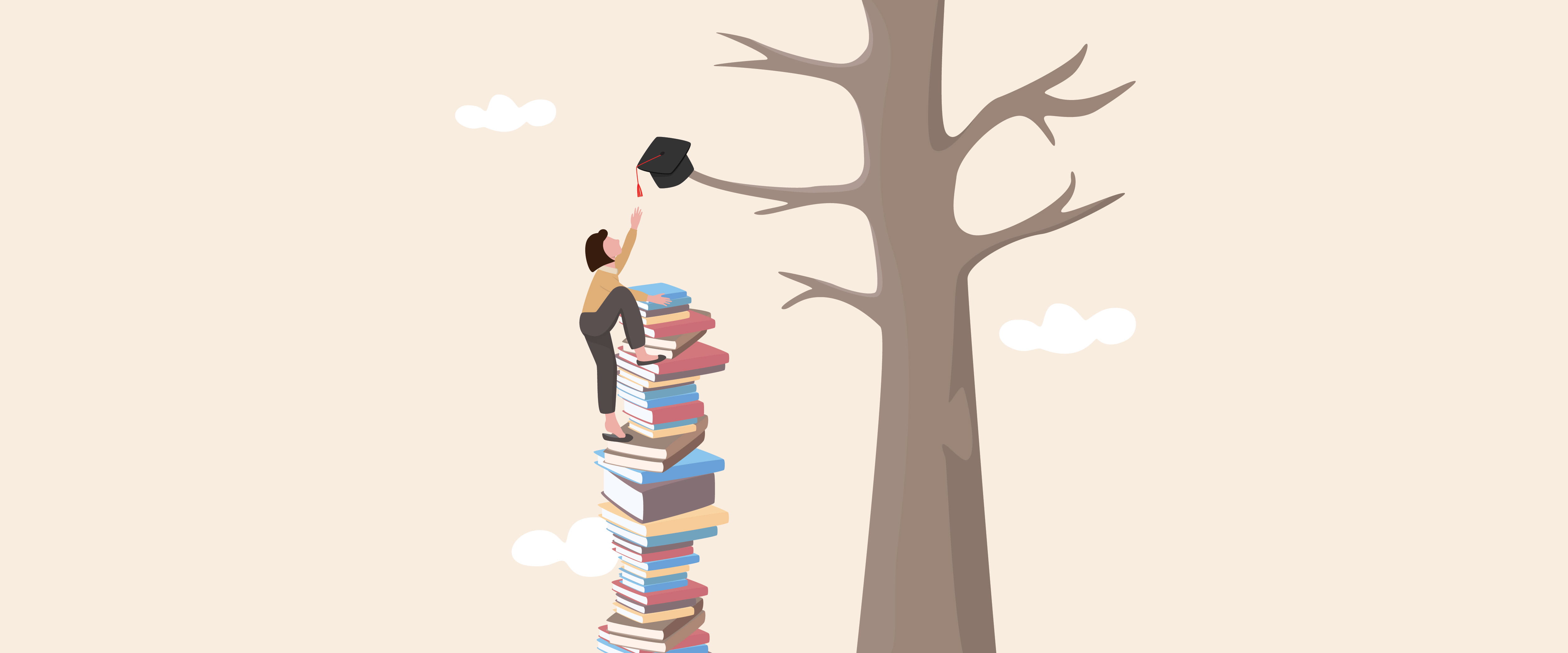 Student climbing books to reach mortarboard