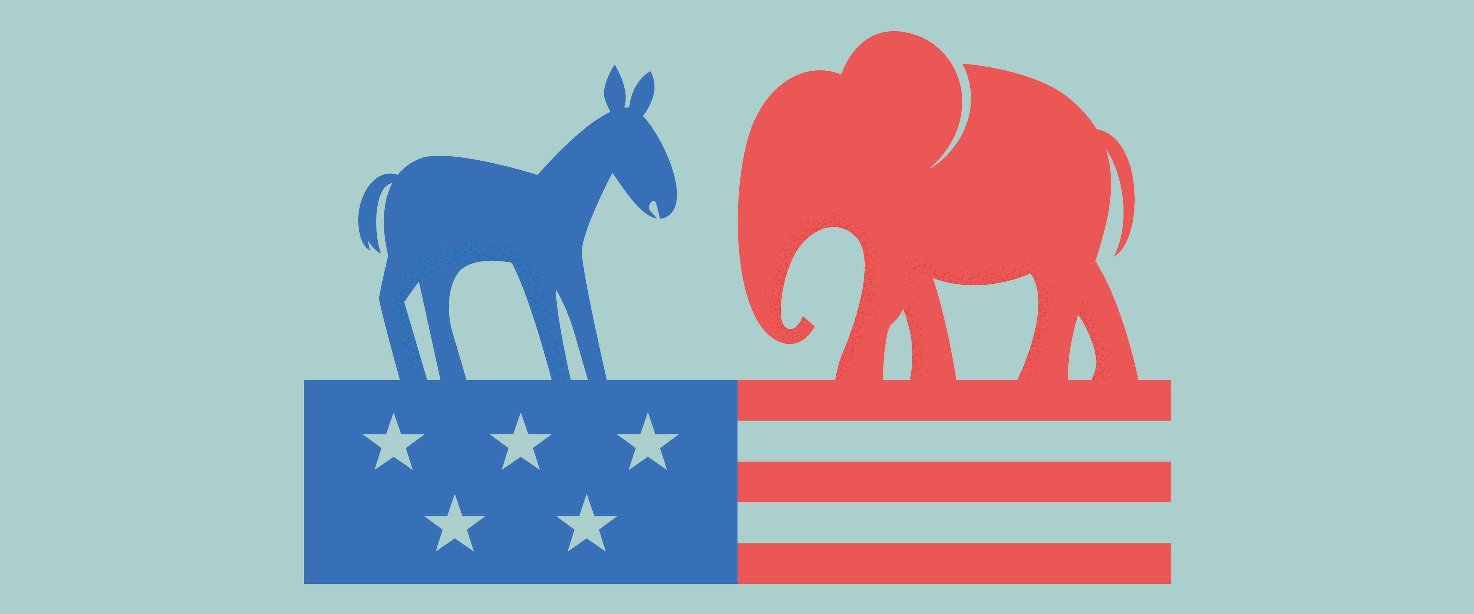 Donkey and elephant atop American flag
