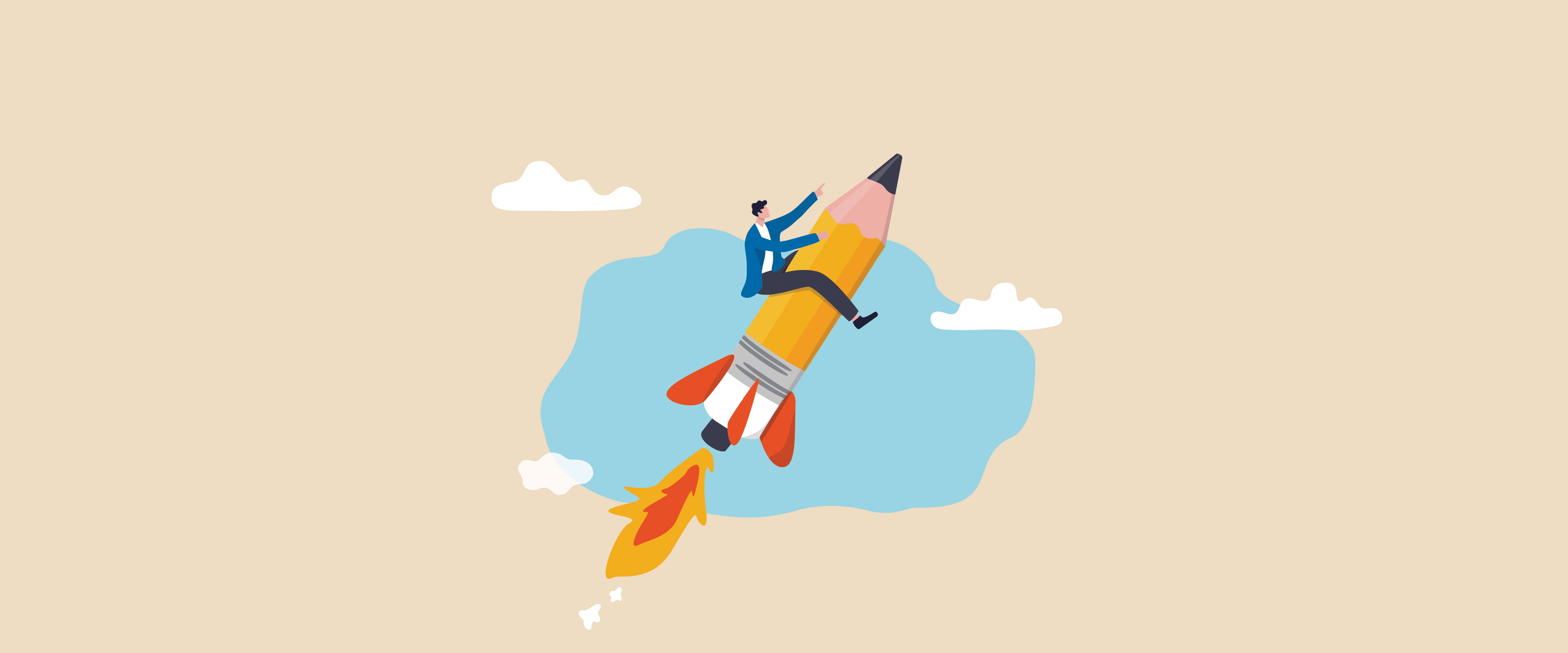 Man riding a rocket-like pencil