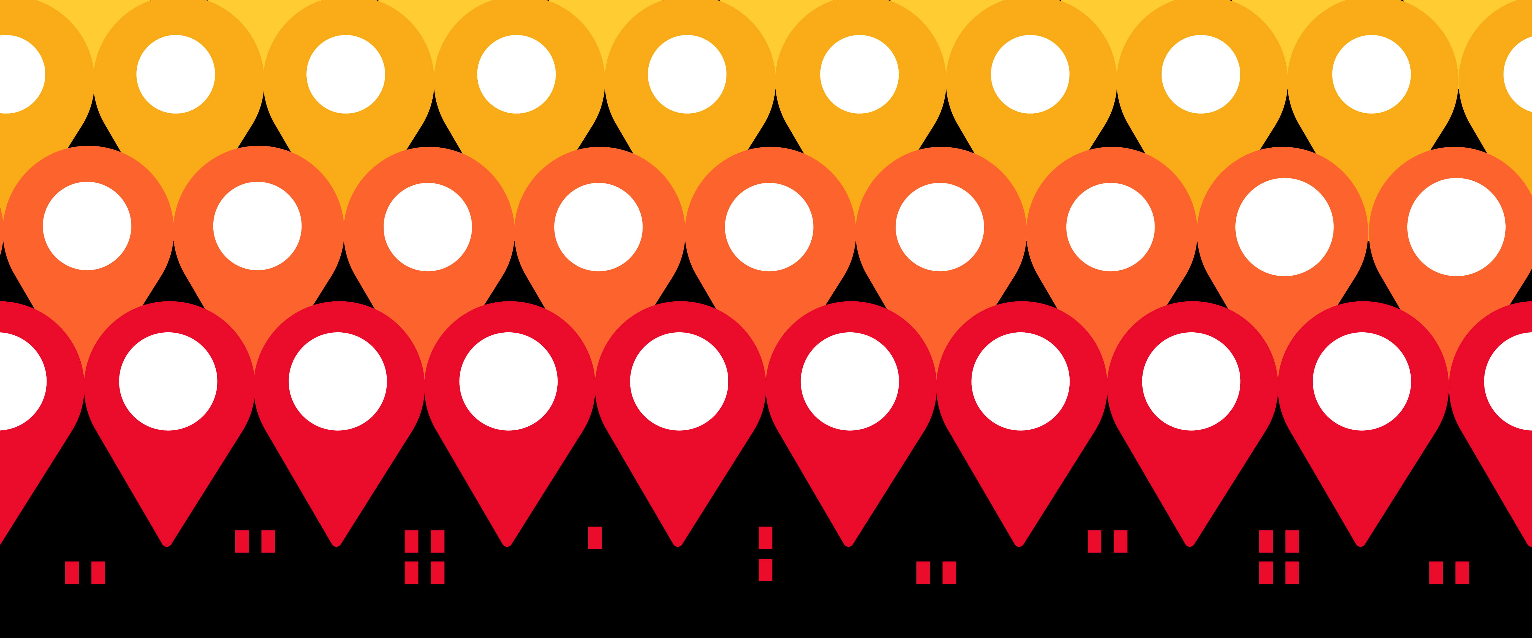 GPS pins and building silhouettes