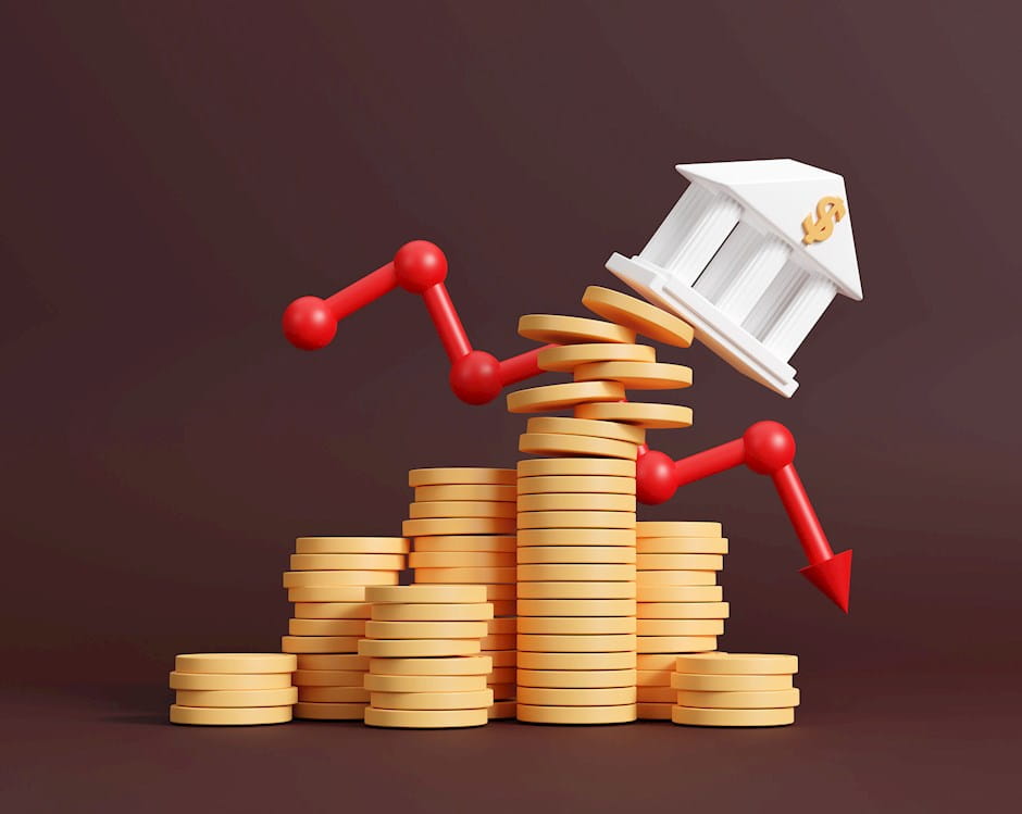 Bank falling from stack of coins