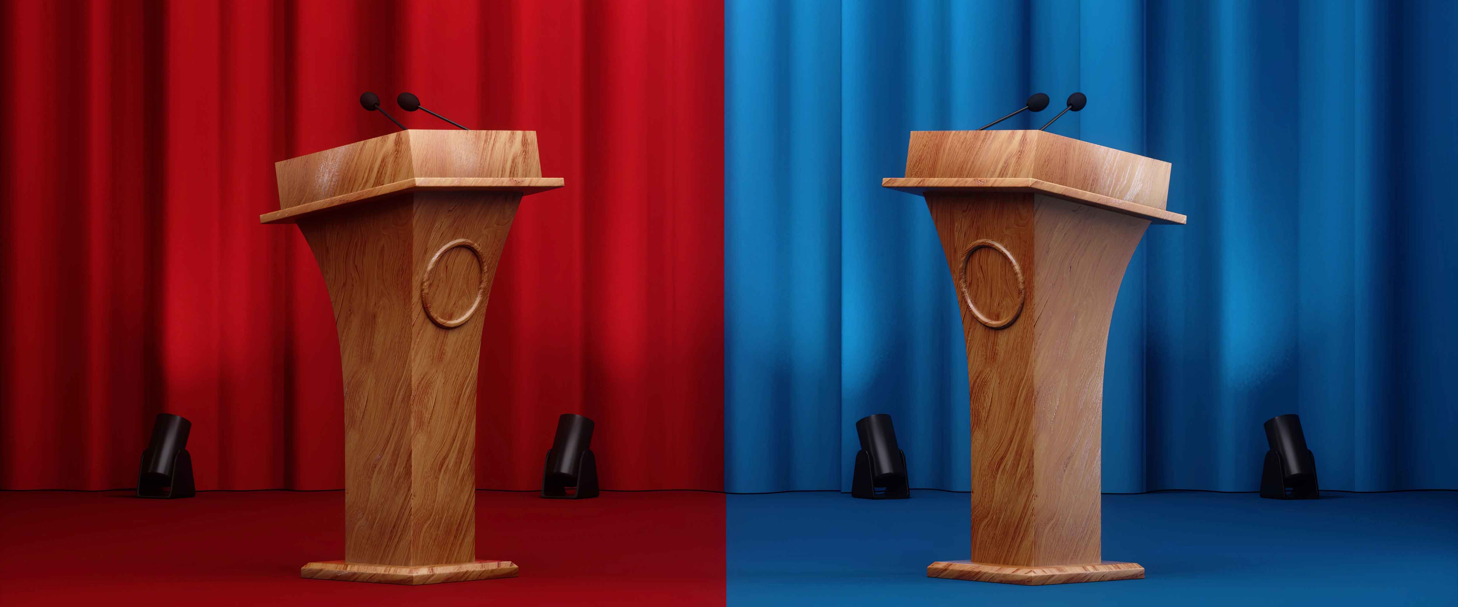 Podiums against red and blue backgrounds