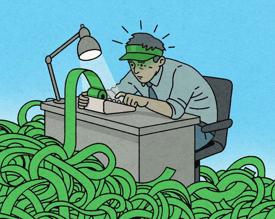 Accountant using lots of green adding-machine paper