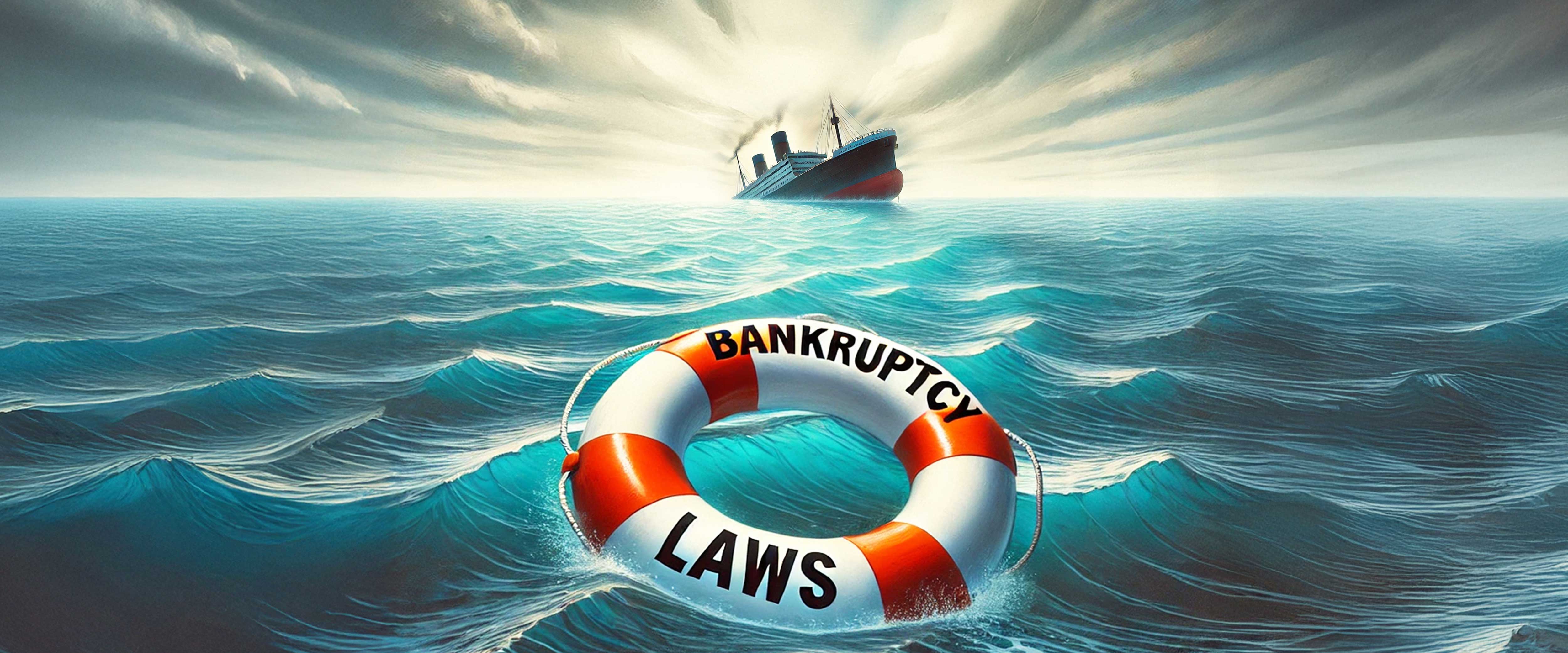 Sinking ship and life preserver that says, "bankruptcy laws"