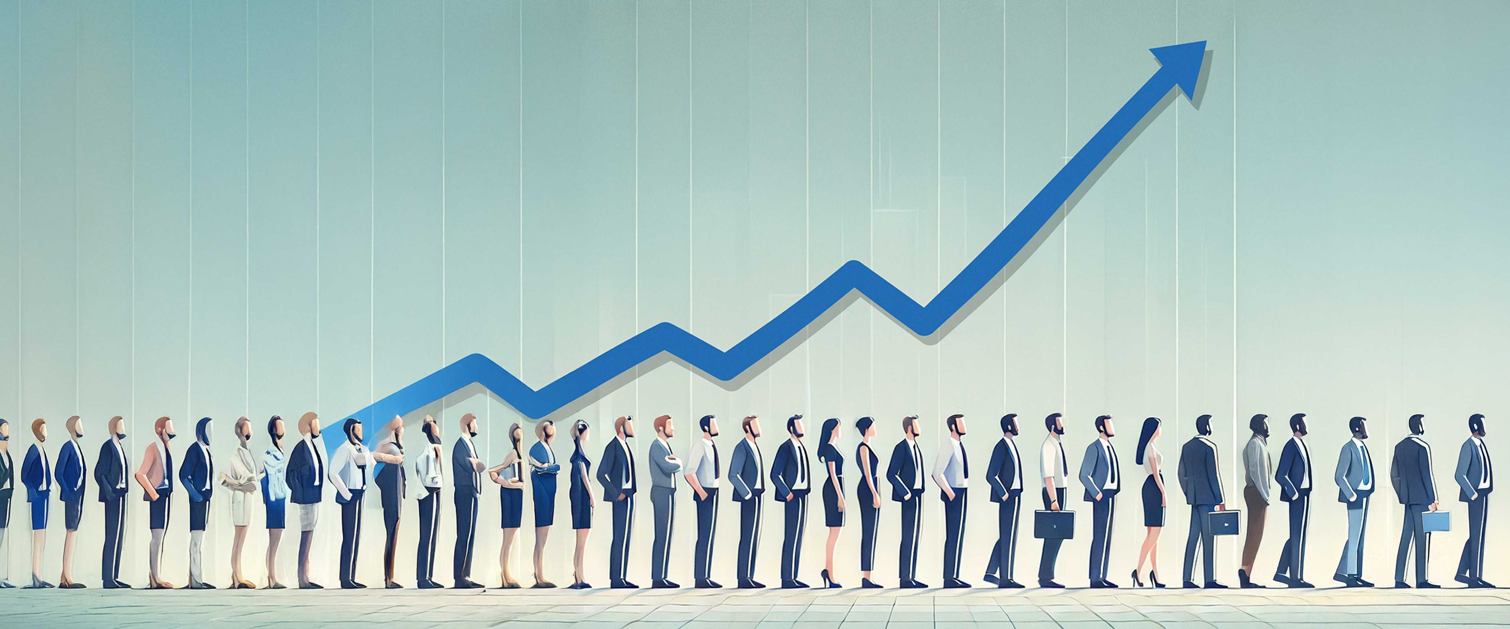 Workers lined up in front of a chart line