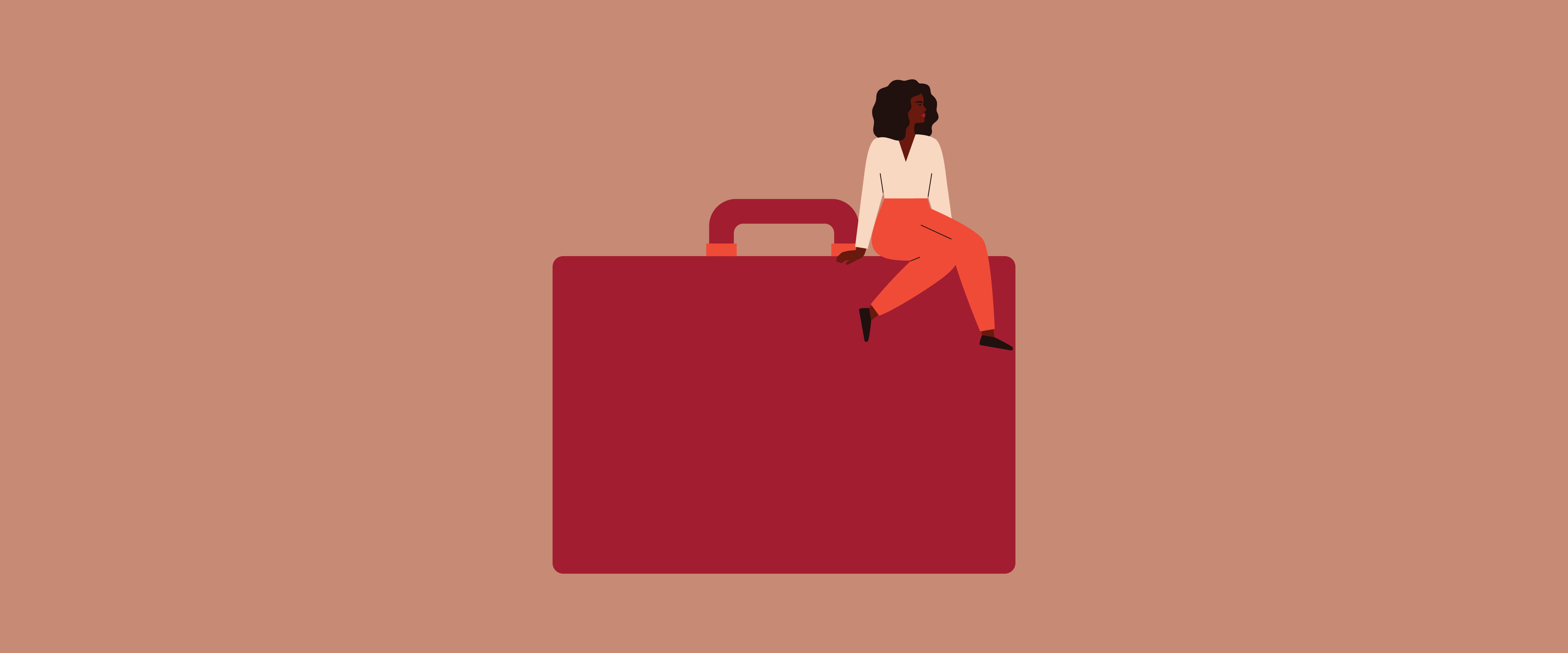 Woman sitting on briefcase