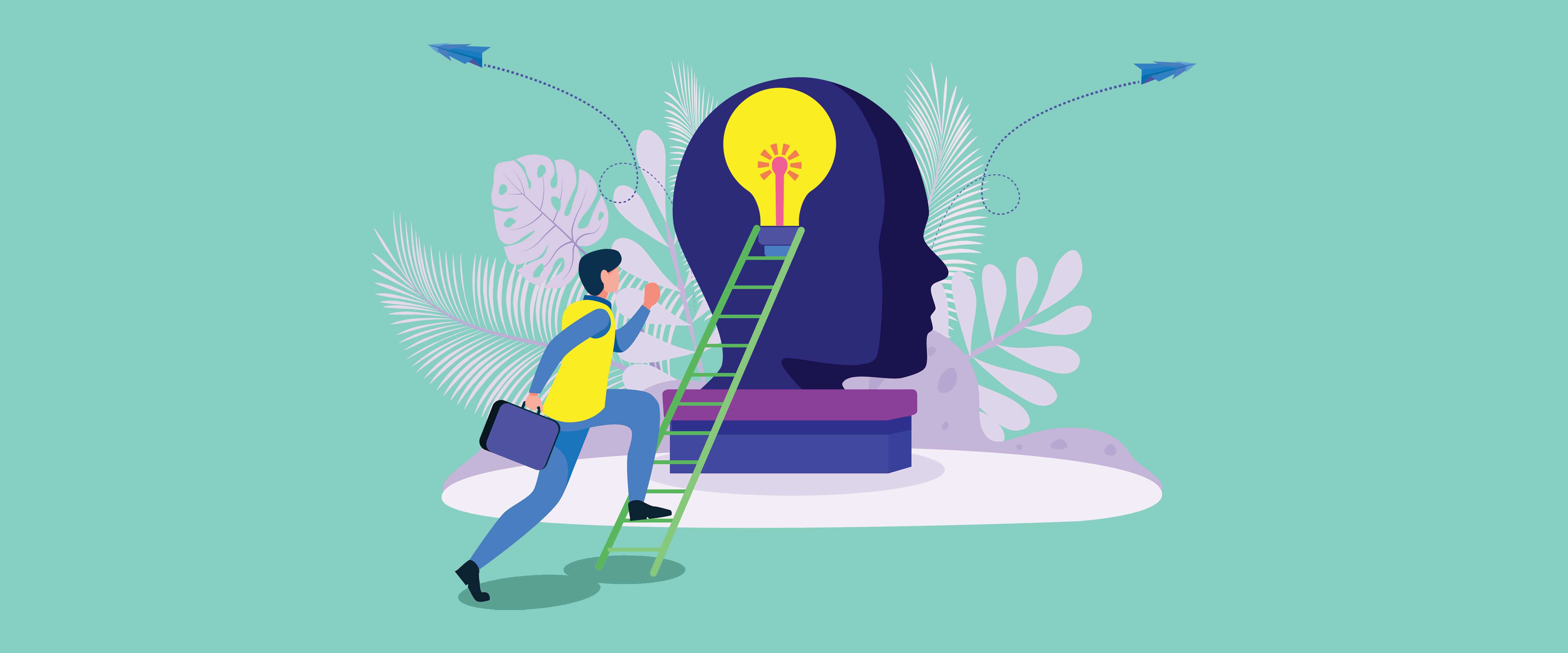 Worker climbing ladder