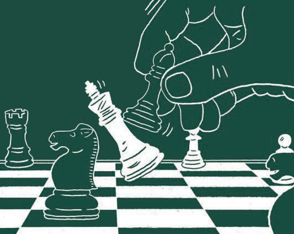 Chalkboard-style drawing of hand moving chess pieces